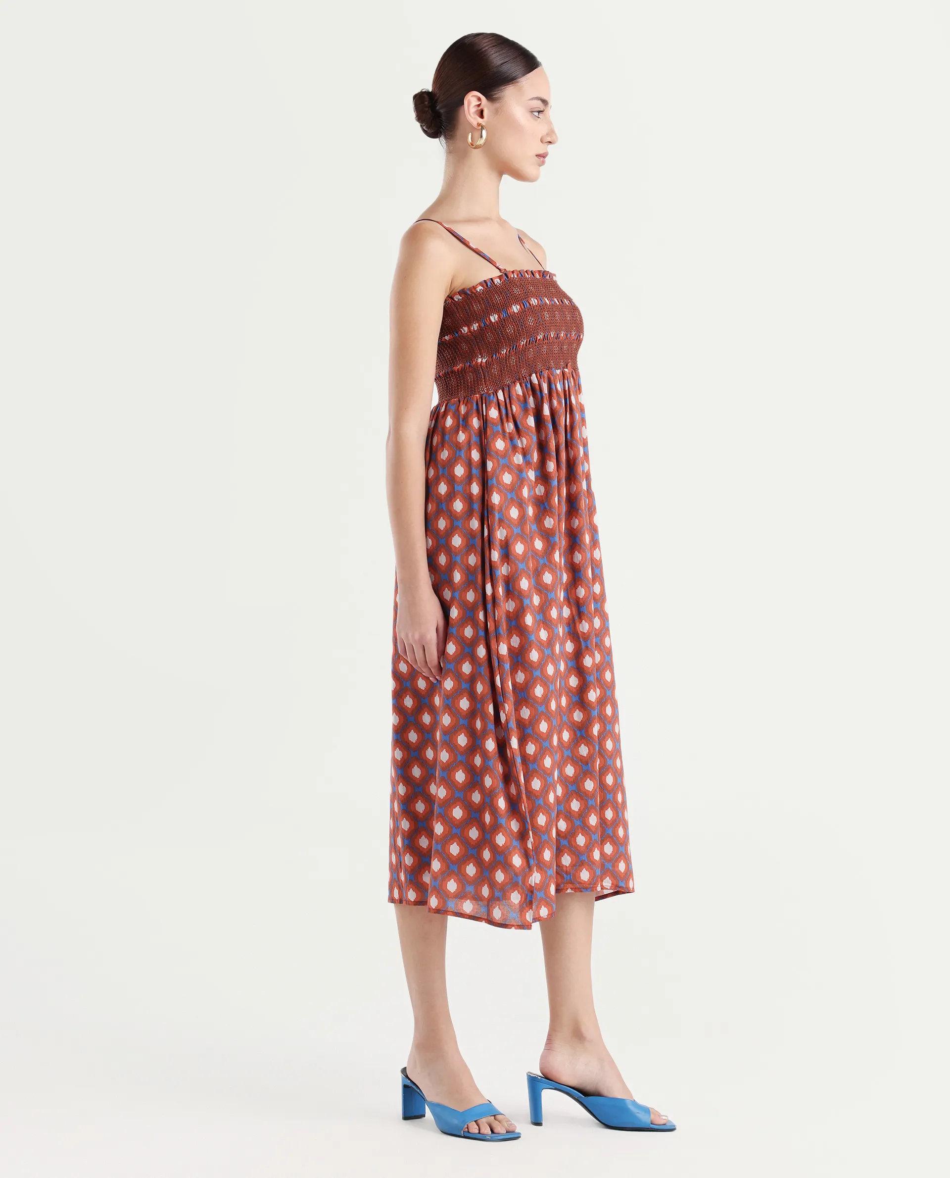 Rareism Women's Stewart Multi Cotton Shoulder Strap Geometric Print Shoulder Strap Midi Fit And Flare Dress - Image 5