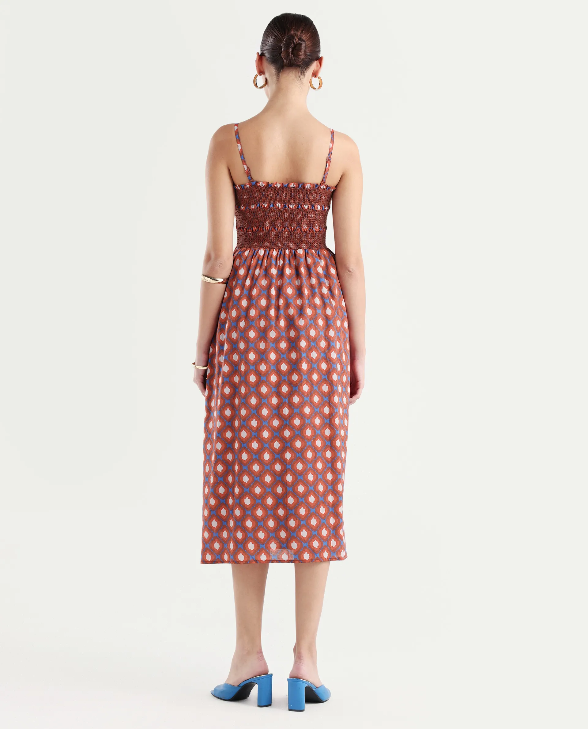 Rareism Women's Stewart Multi Cotton Shoulder Strap Geometric Print Shoulder Strap Midi Fit And Flare Dress - Image 6