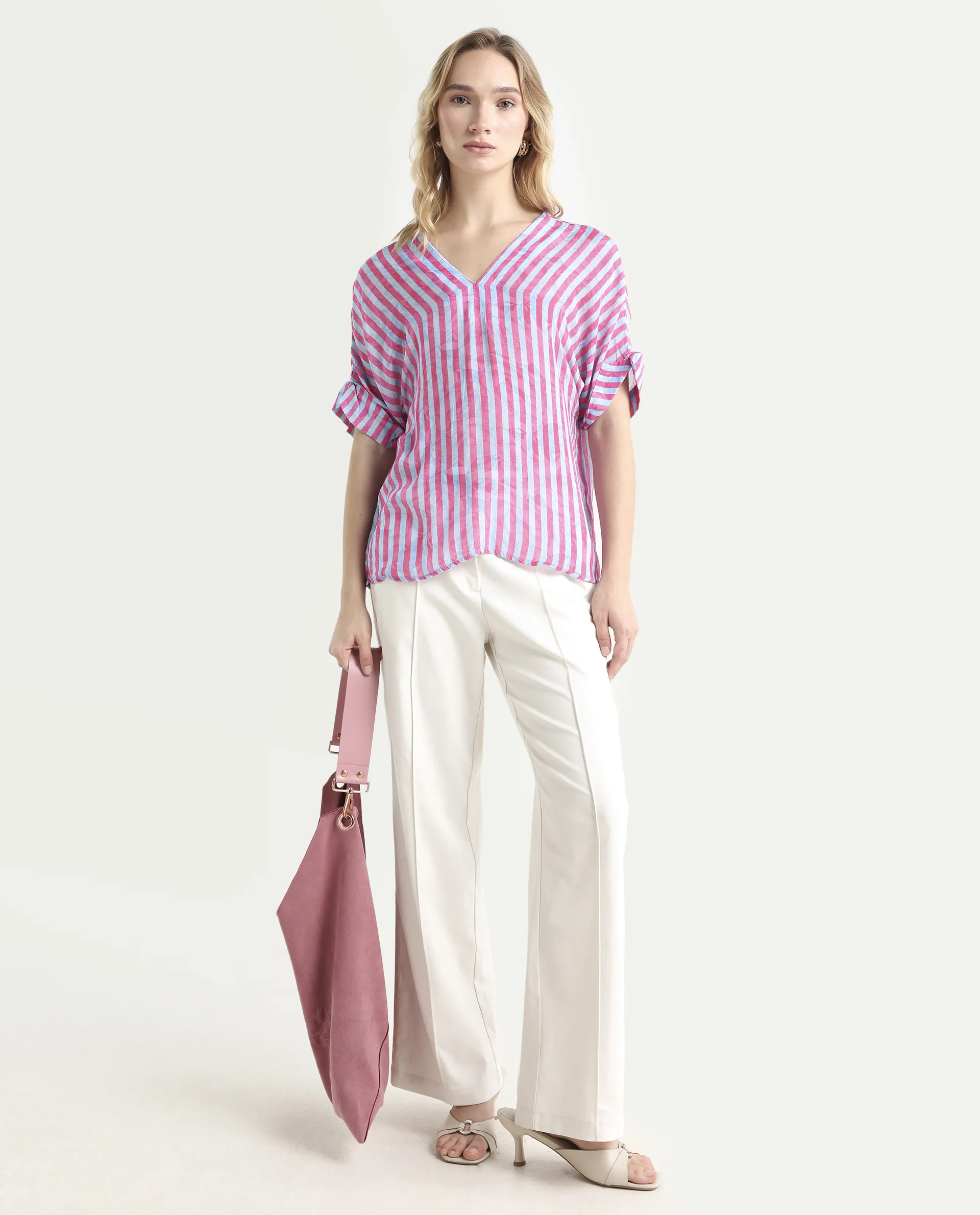 Rareism Women's Stigner Pink Cotton V-Neck Striped Extended Sleeves Regular Fit Top - Image 2
