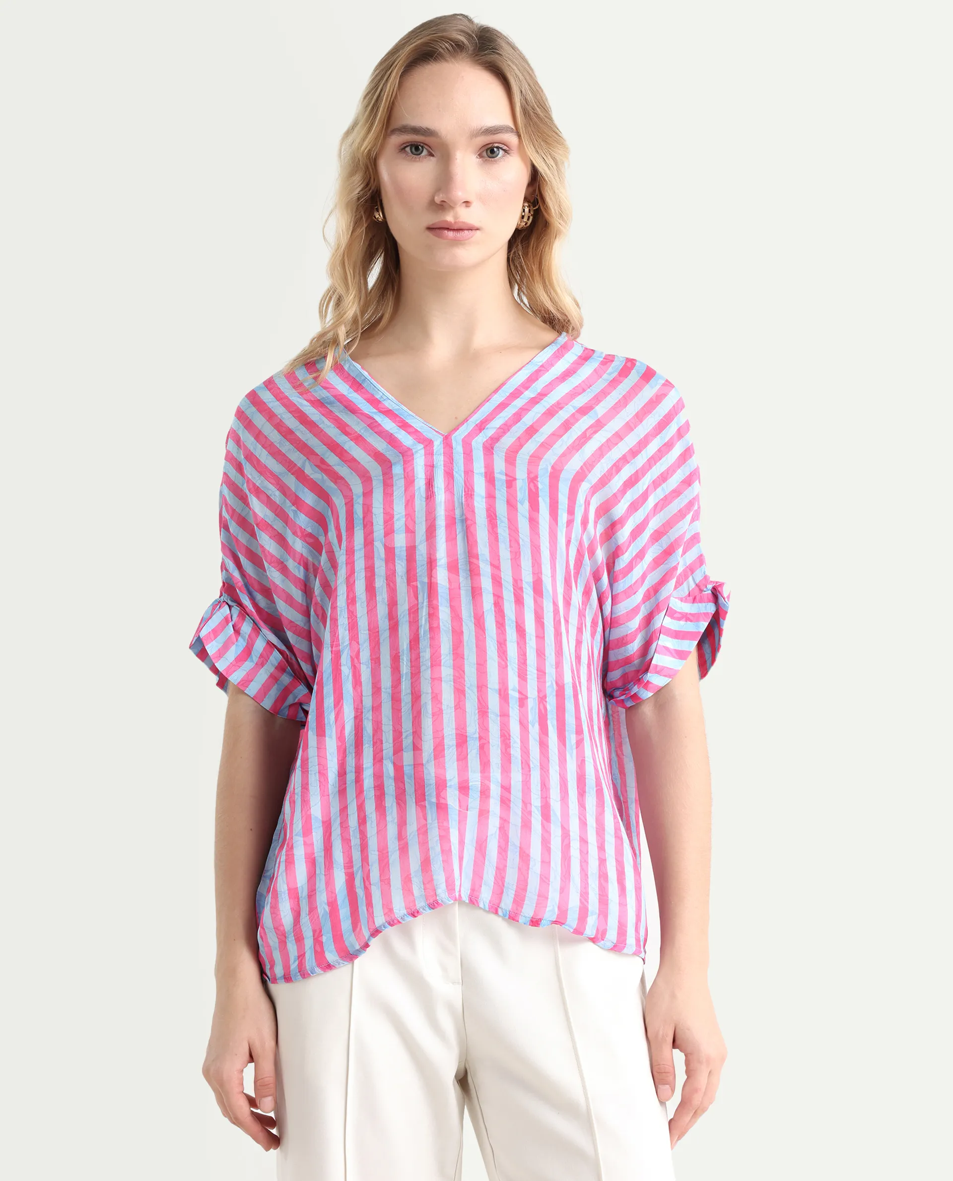 Rareism Women's Stigner Pink Cotton V-Neck Striped Extended Sleeves Regular Fit Top - Image 3