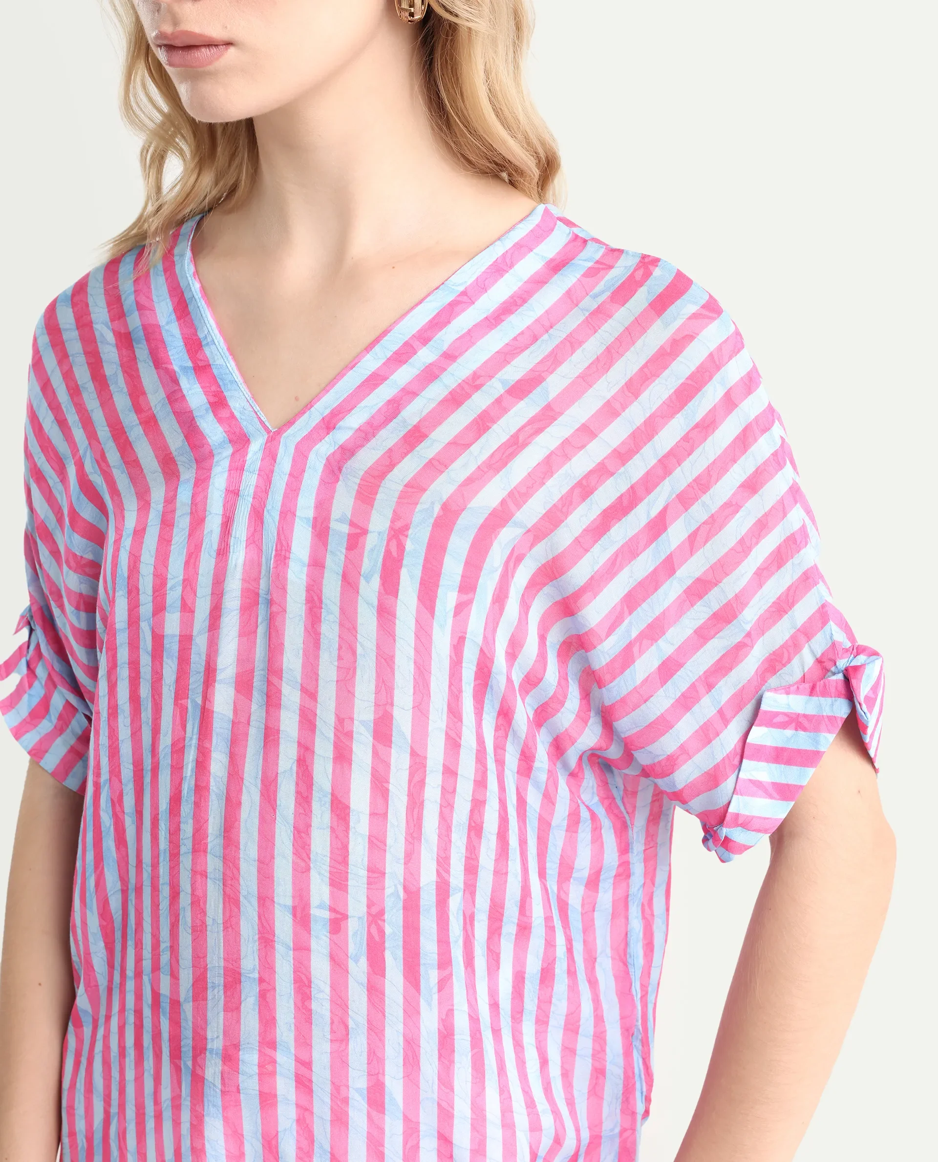 Rareism Women's Stigner Pink Cotton V-Neck Striped Extended Sleeves Regular Fit Top - Image 4