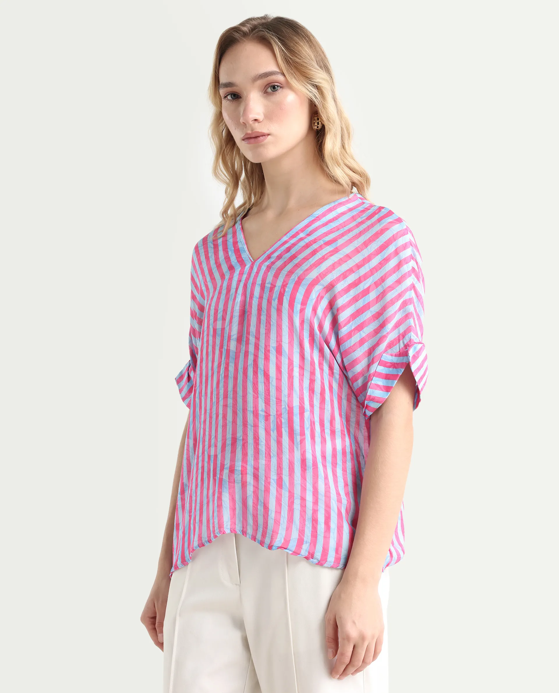Rareism Women's Stigner Pink Cotton V-Neck Striped Extended Sleeves Regular Fit Top - Image 5