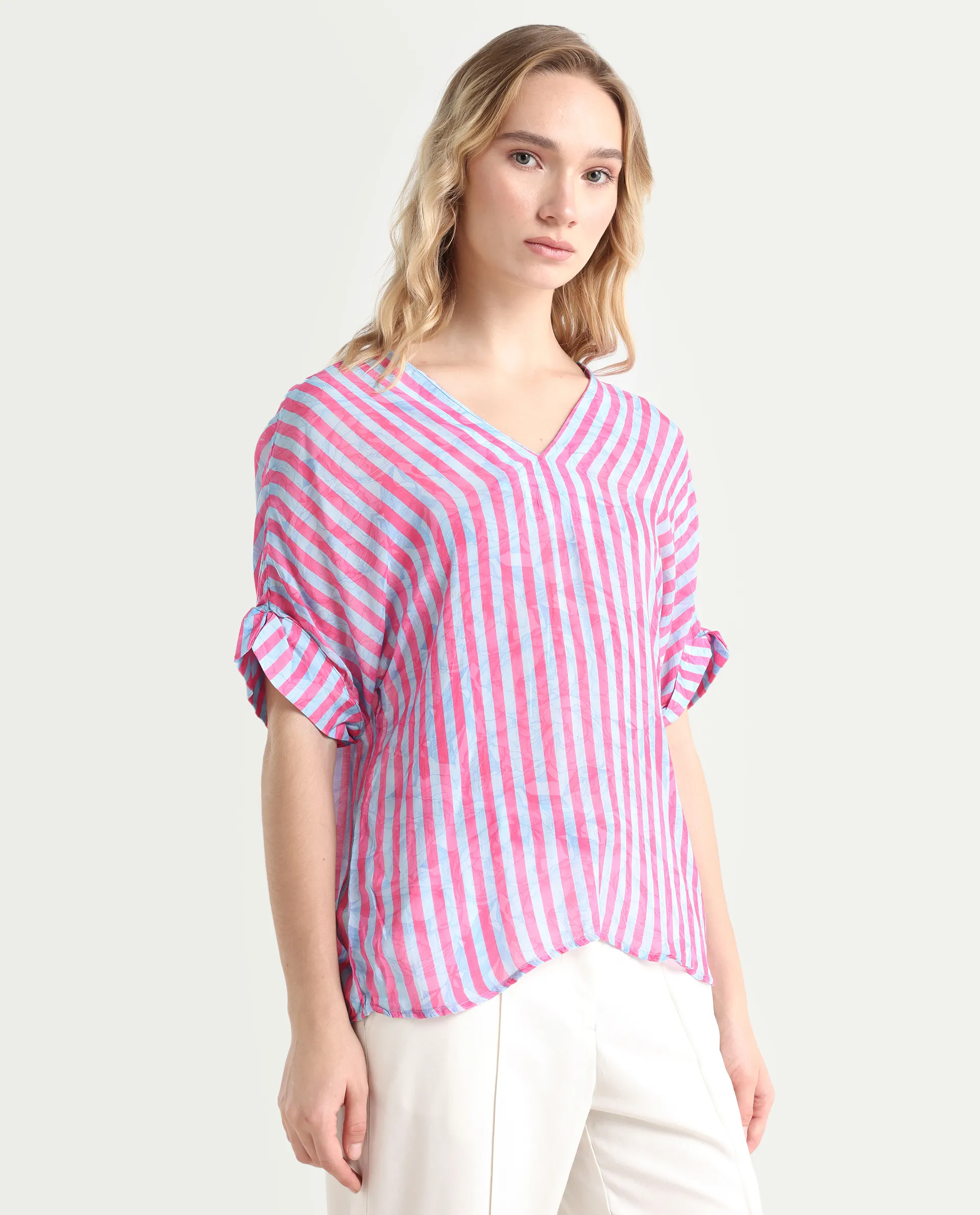 Rareism Women's Stigner Pink Cotton V-Neck Striped Extended Sleeves Regular Fit Top - Image 6