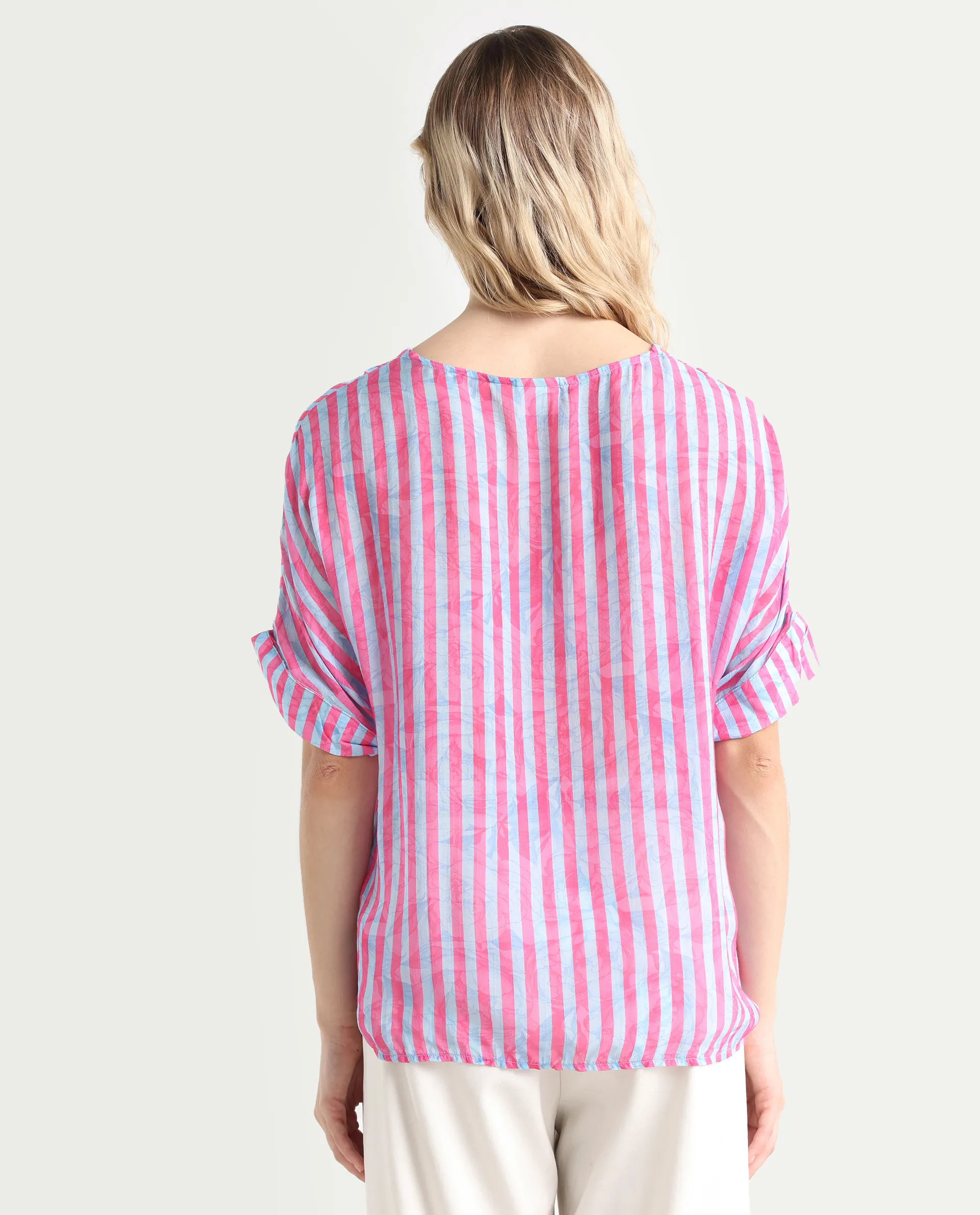 Rareism Women's Stigner Pink Cotton V-Neck Striped Extended Sleeves Regular Fit Top - Image 7