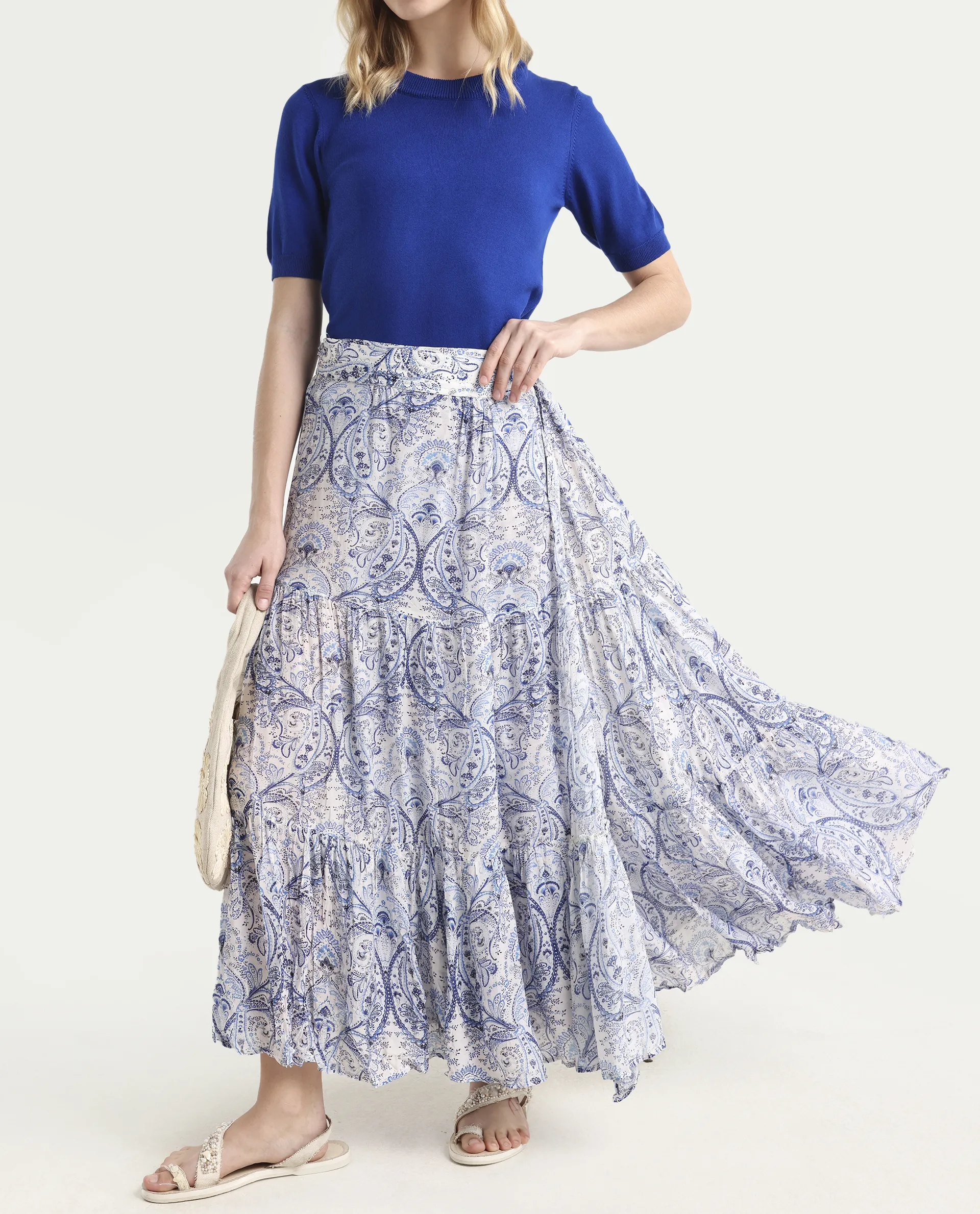 Rareism Women's Stignert Multi Cotton Paisley Print Ankle Length Relaxed Fit Skirt