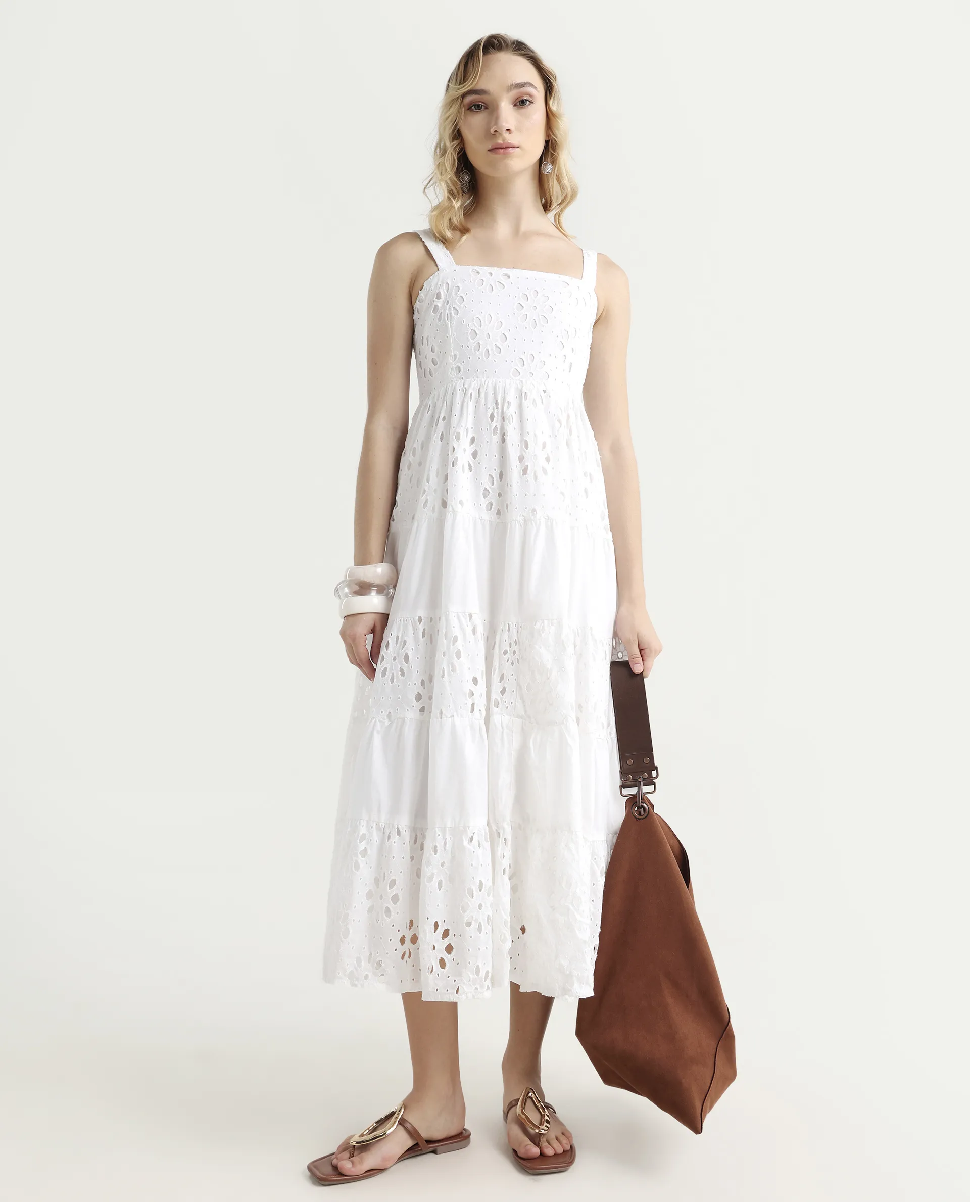 Rareism Women's Stiletus White Cotton Shoulder Strap Plain Shoulder Strap Maxi Fit And Flare Dress - Image 2