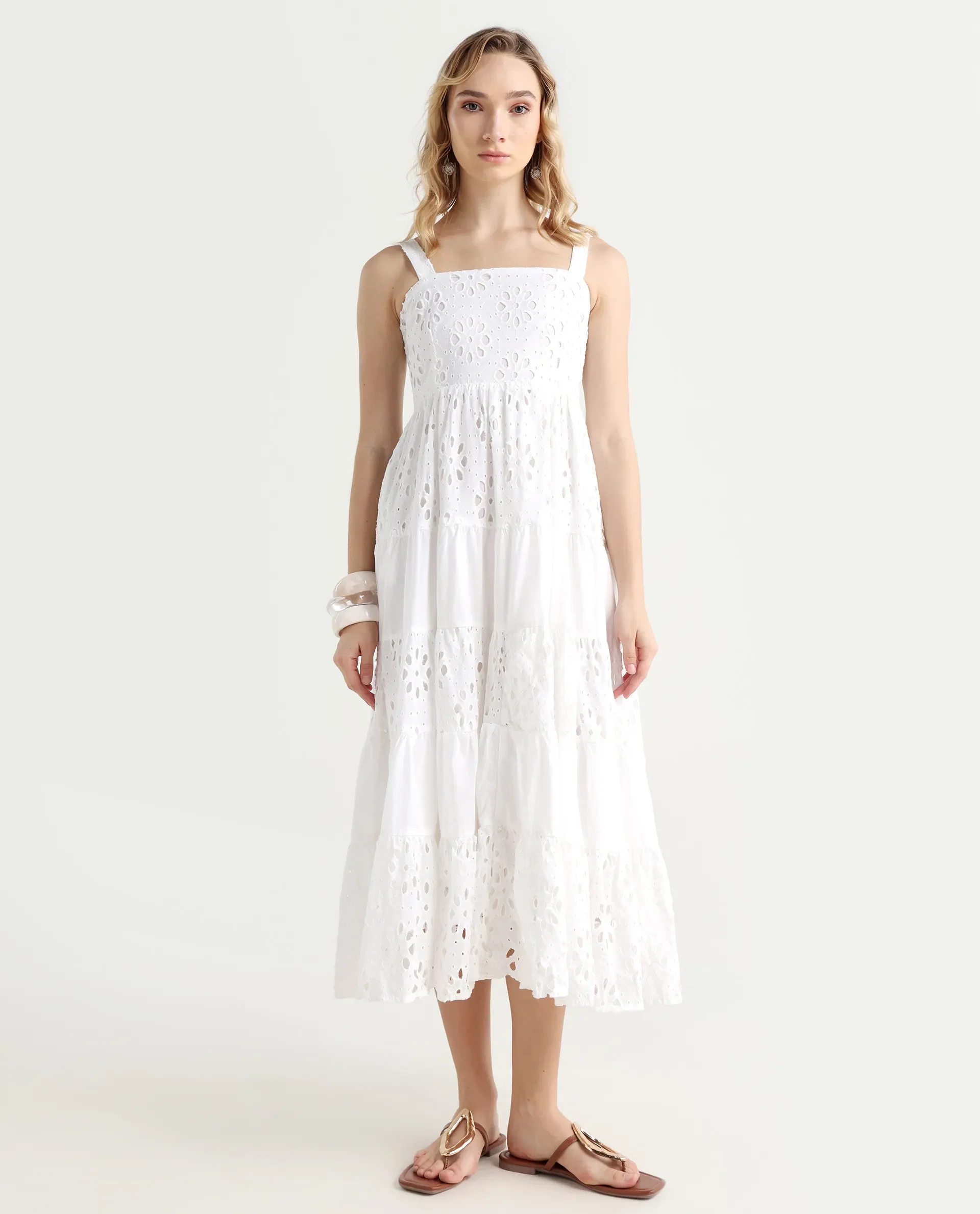 Rareism Women's Stiletus White Cotton Shoulder Strap Plain Shoulder Strap Maxi Fit And Flare Dress - Image 3
