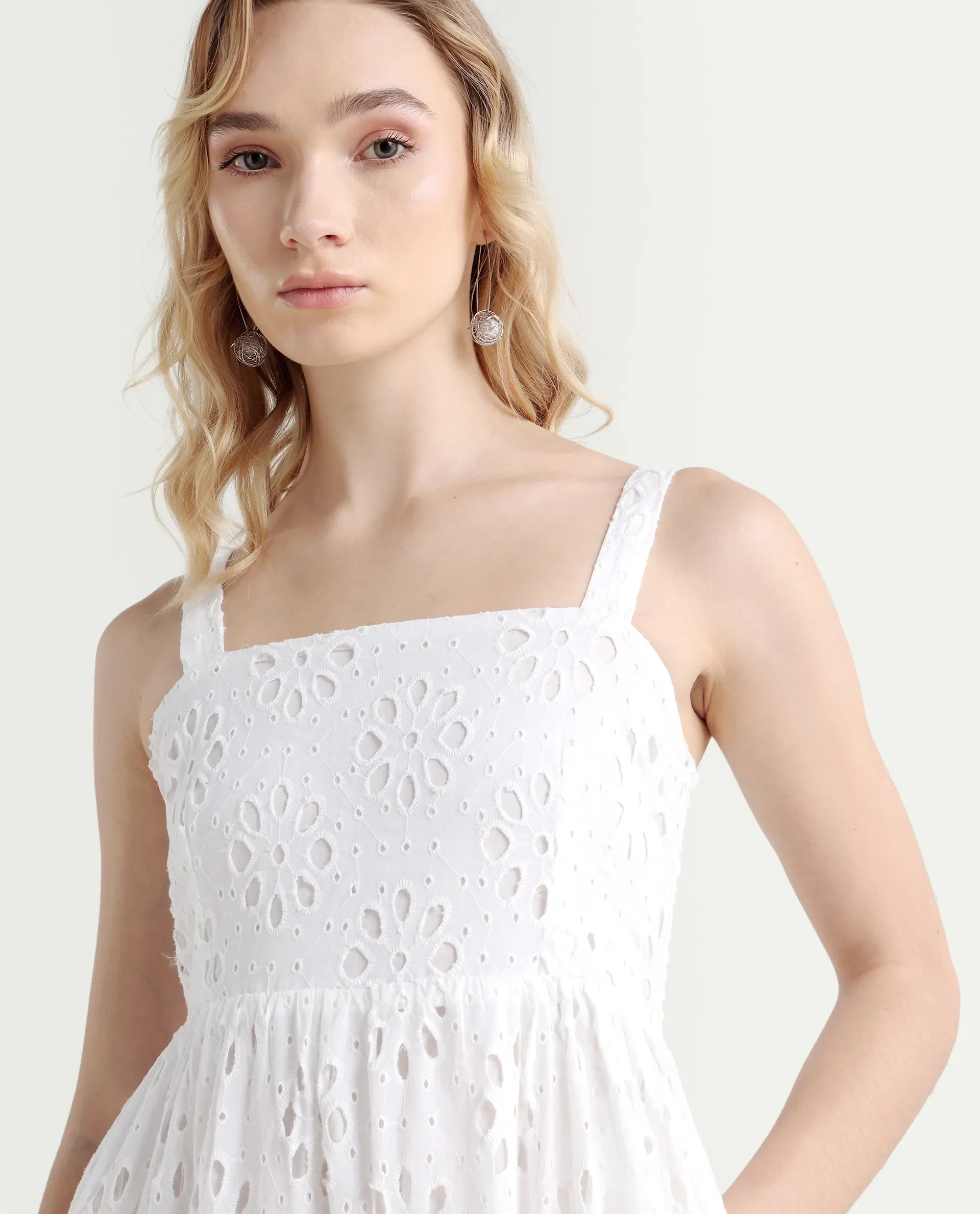 Rareism Women's Stiletus White Cotton Shoulder Strap Plain Shoulder Strap Maxi Fit And Flare Dress - Image 4