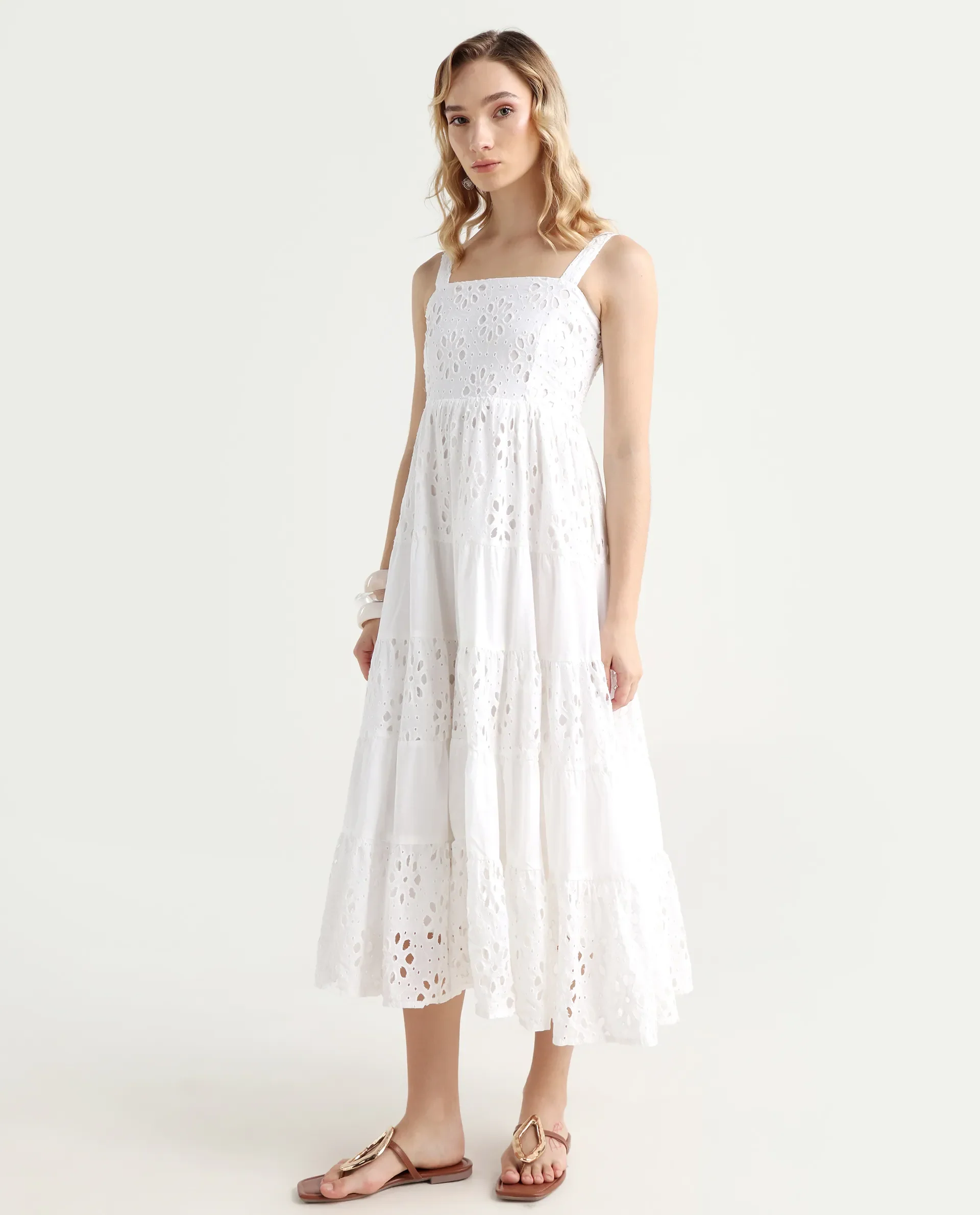Rareism Women's Stiletus White Cotton Shoulder Strap Plain Shoulder Strap Maxi Fit And Flare Dress - Image 6