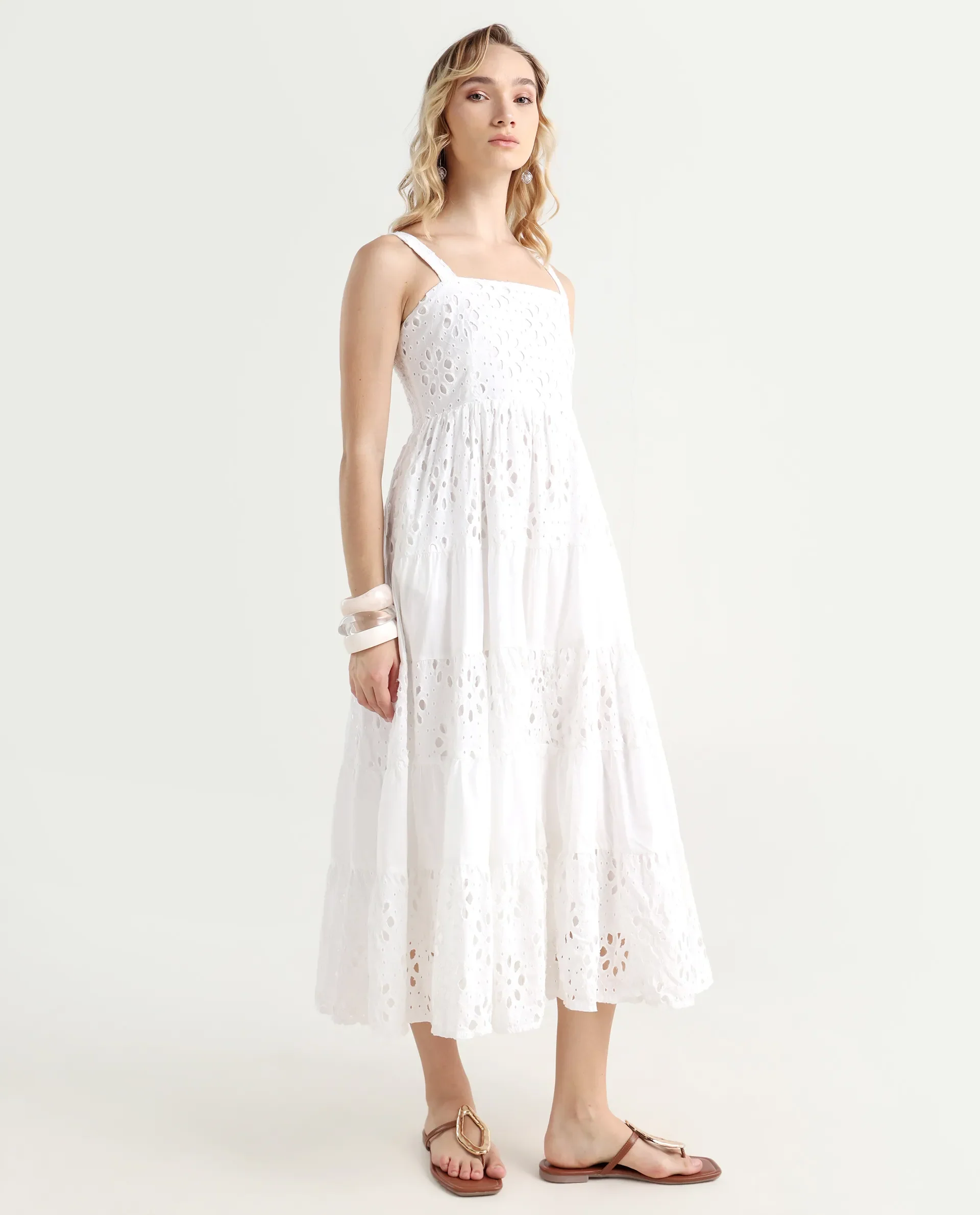 Rareism Women's Stiletus White Cotton Shoulder Strap Plain Shoulder Strap Maxi Fit And Flare Dress - Image 7