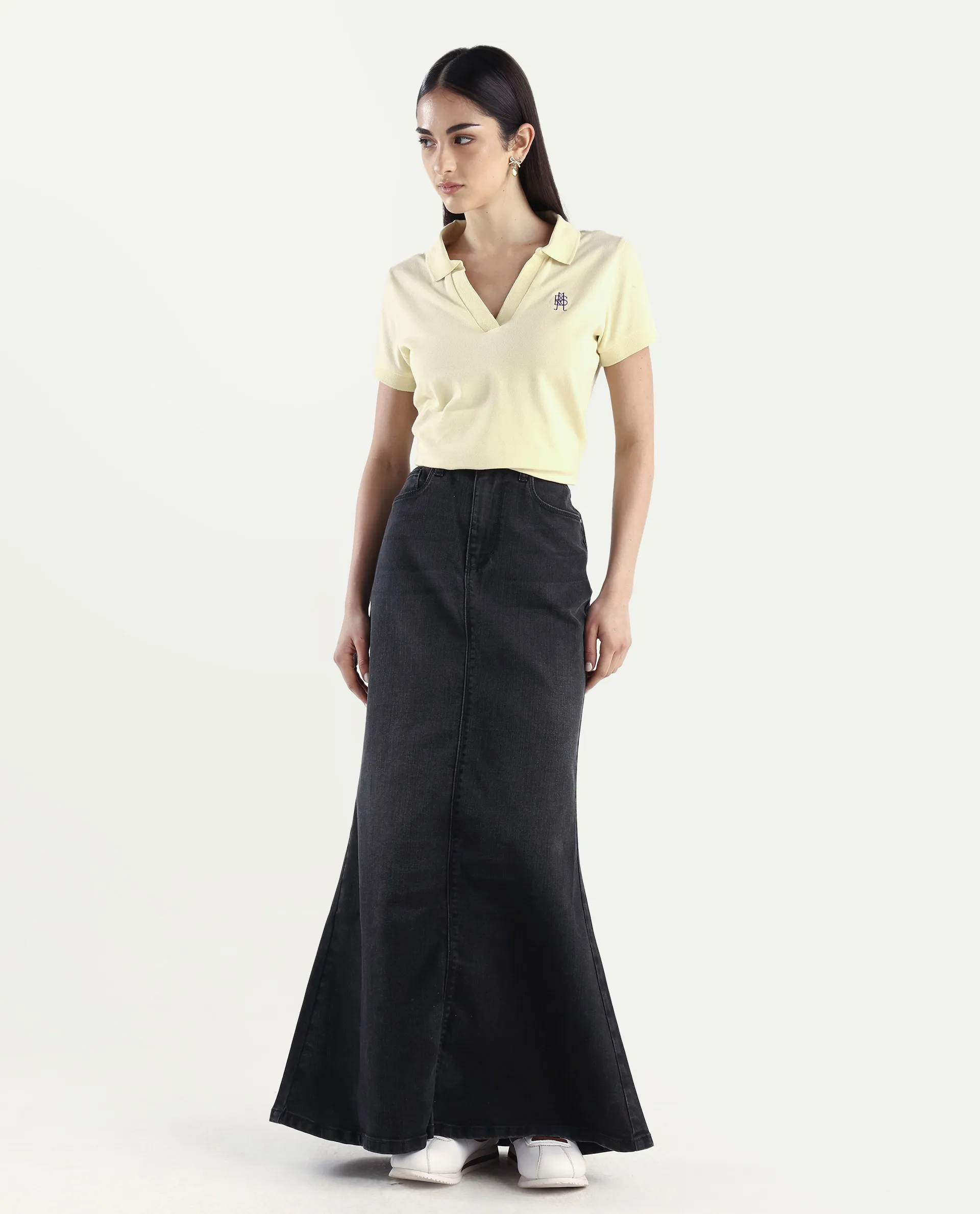 Rareism Women's Stinger Black Cotton Blend Plain Maxi Flared Skirt - Image 3