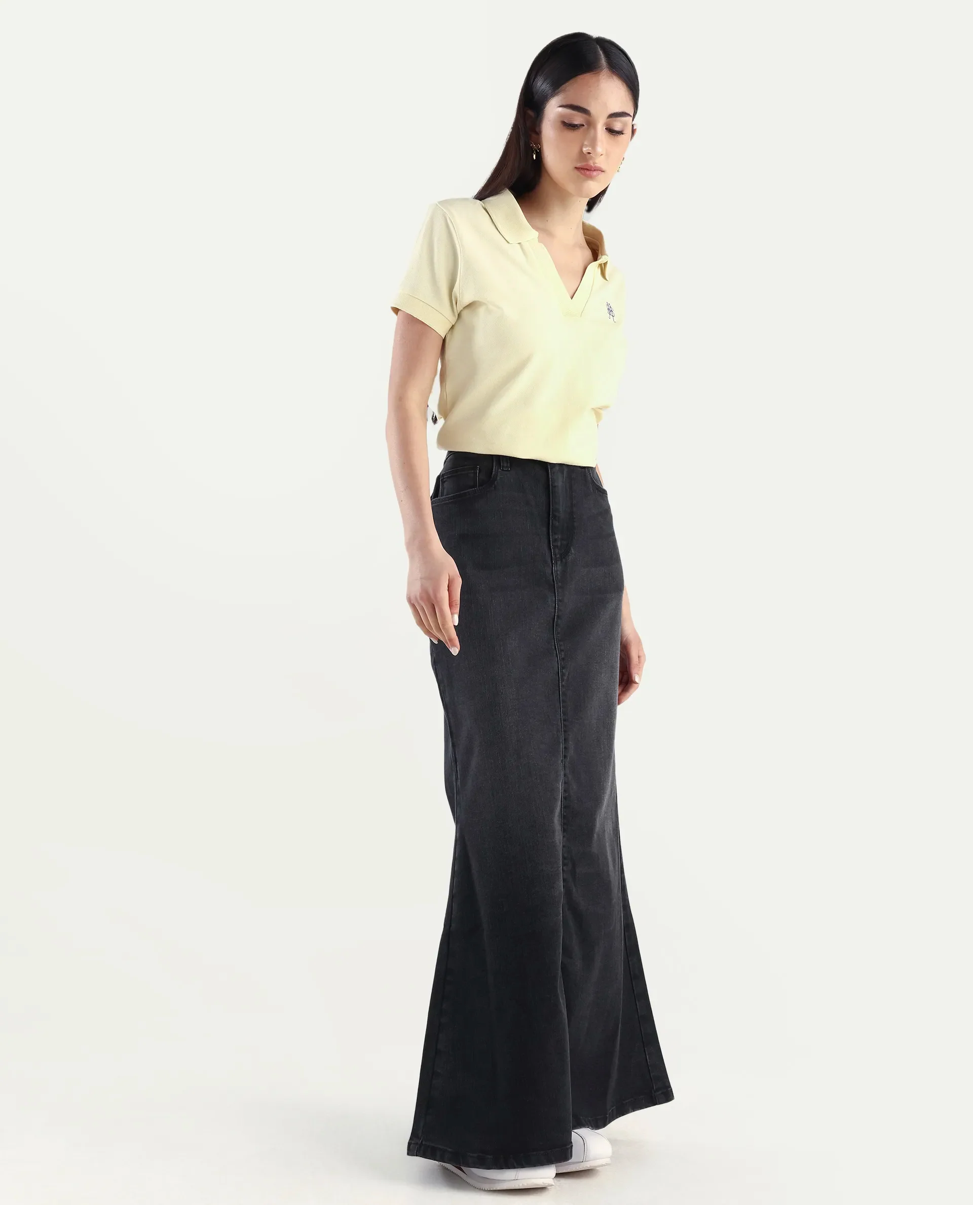 Rareism Women's Stinger Black Cotton Blend Plain Maxi Flared Skirt - Image 5