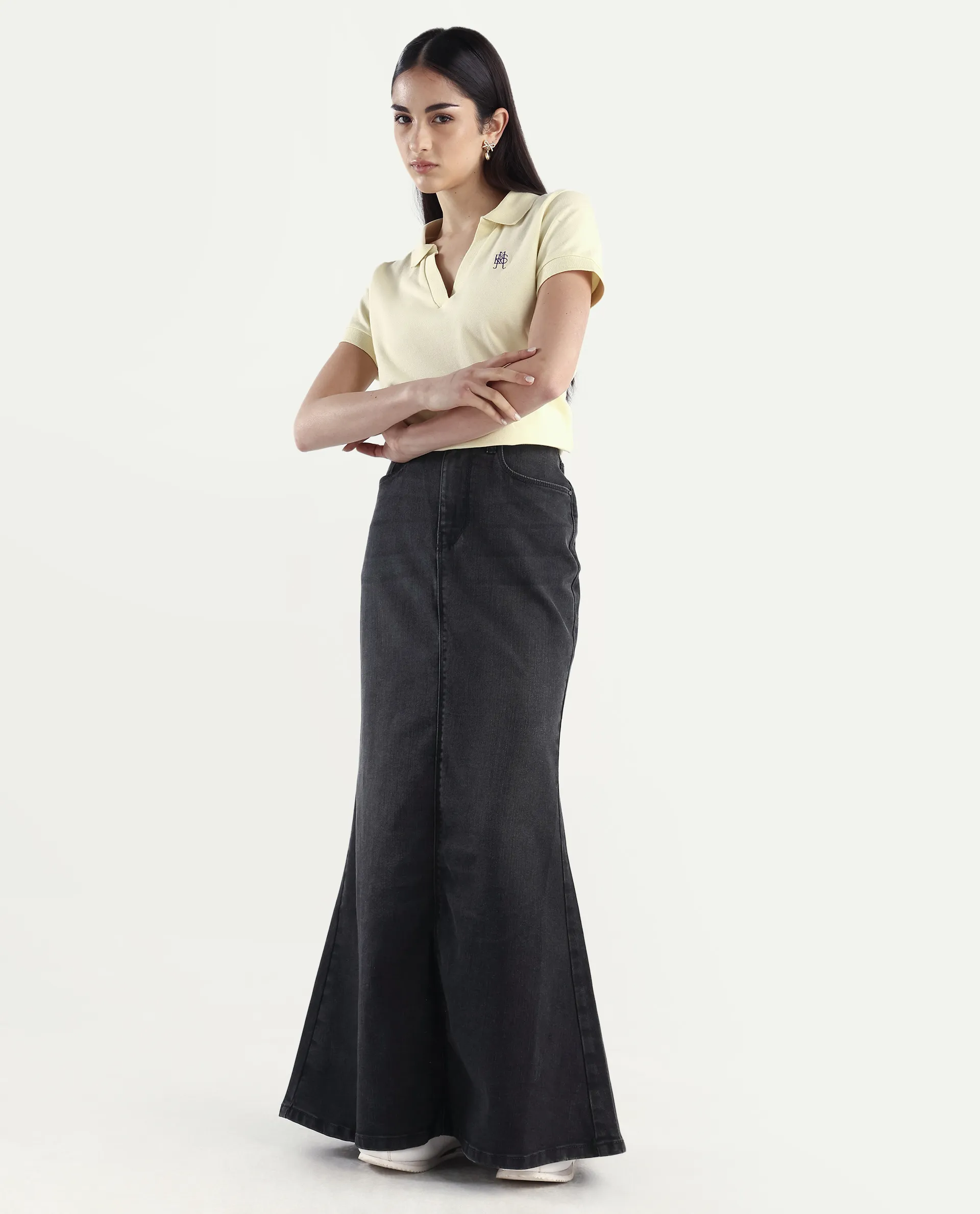 Rareism Women's Stinger Black Cotton Blend Plain Maxi Flared Skirt - Image 6
