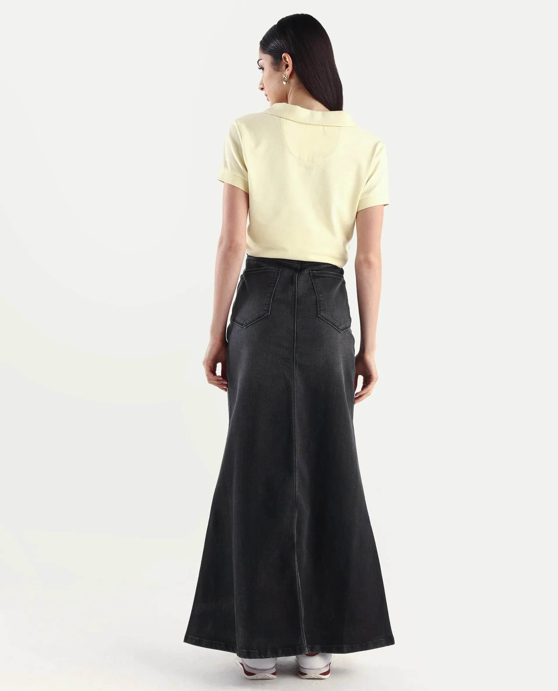 Rareism Women's Stinger Black Cotton Blend Plain Maxi Flared Skirt - Image 7