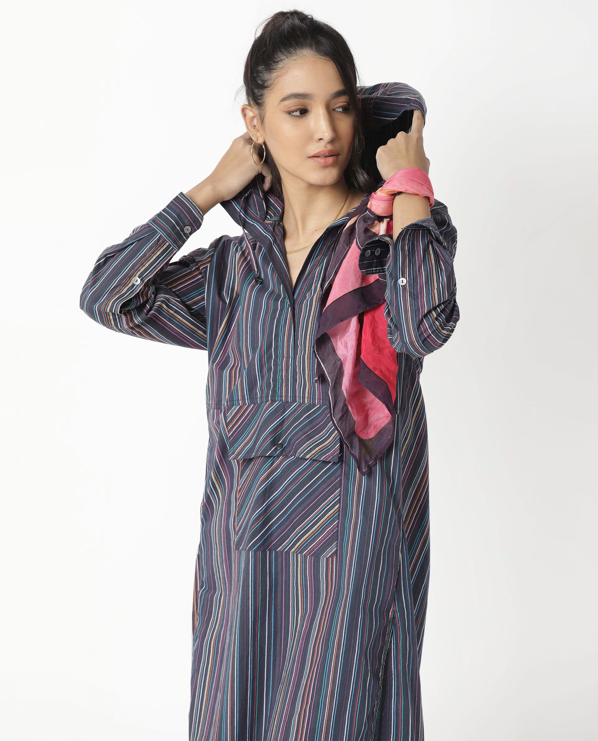 Rareism Women's Stipey Black Hooded Striped Knee Length Regular Fit Dress