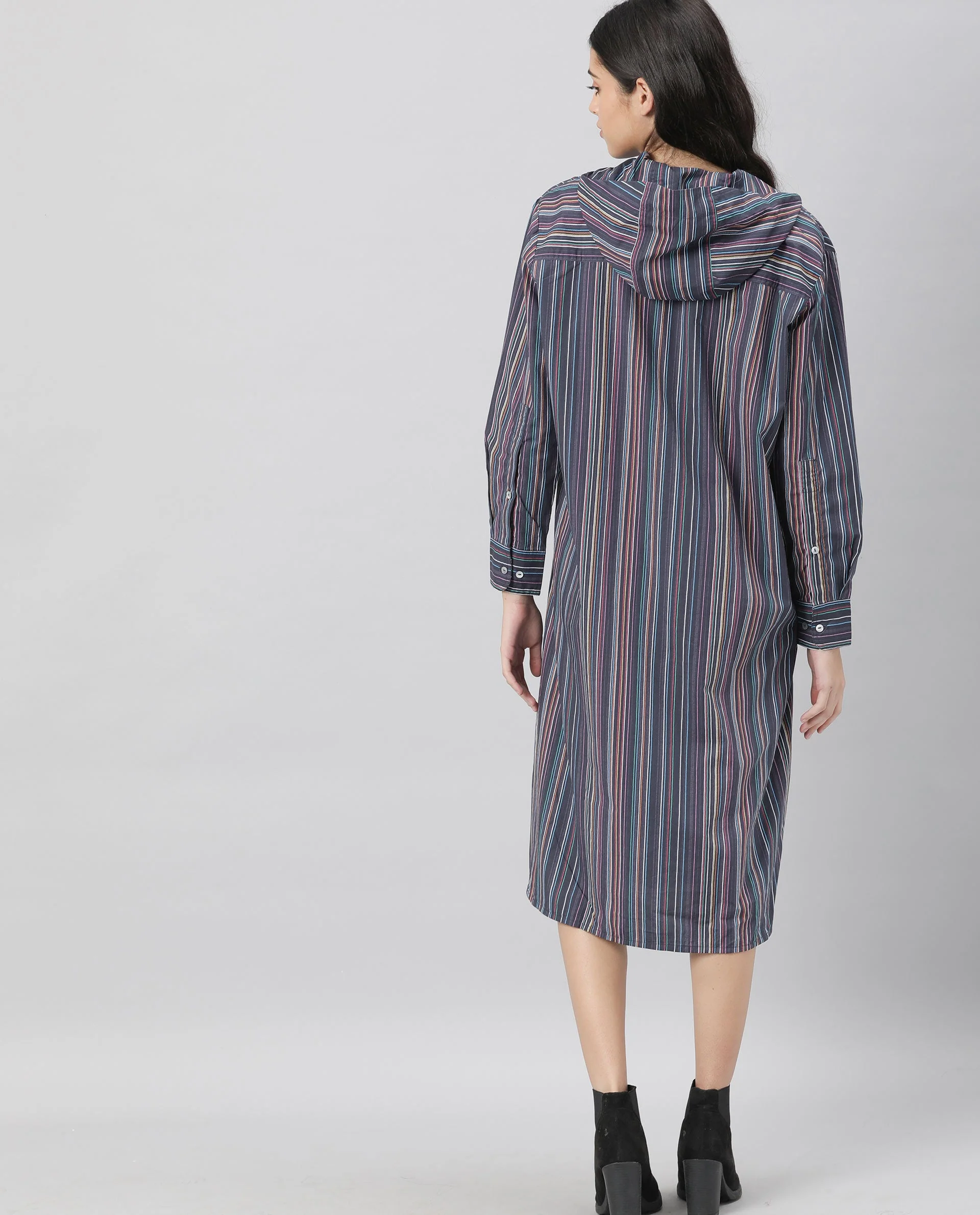 Rareism Women's Stipey Black Hooded Striped Knee Length Regular Fit Dress - Image 10