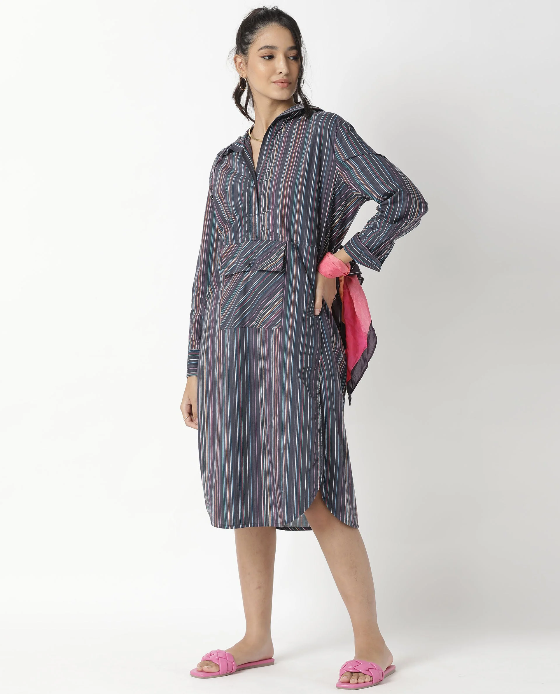 Rareism Women's Stipey Black Hooded Striped Knee Length Regular Fit Dress - Image 2