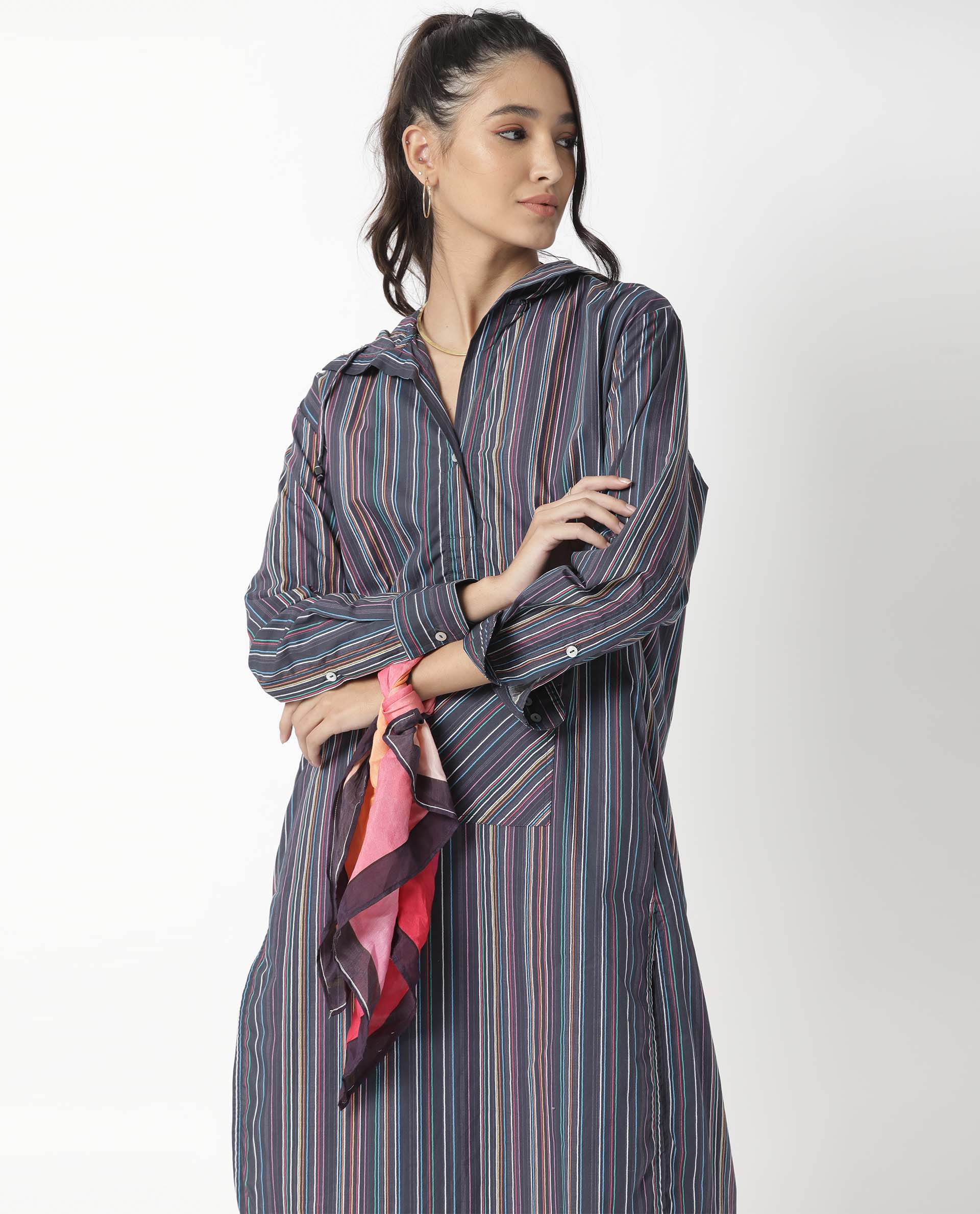 Rareism Women's Stipey Black Hooded Striped Knee Length Regular Fit Dress - Image 3
