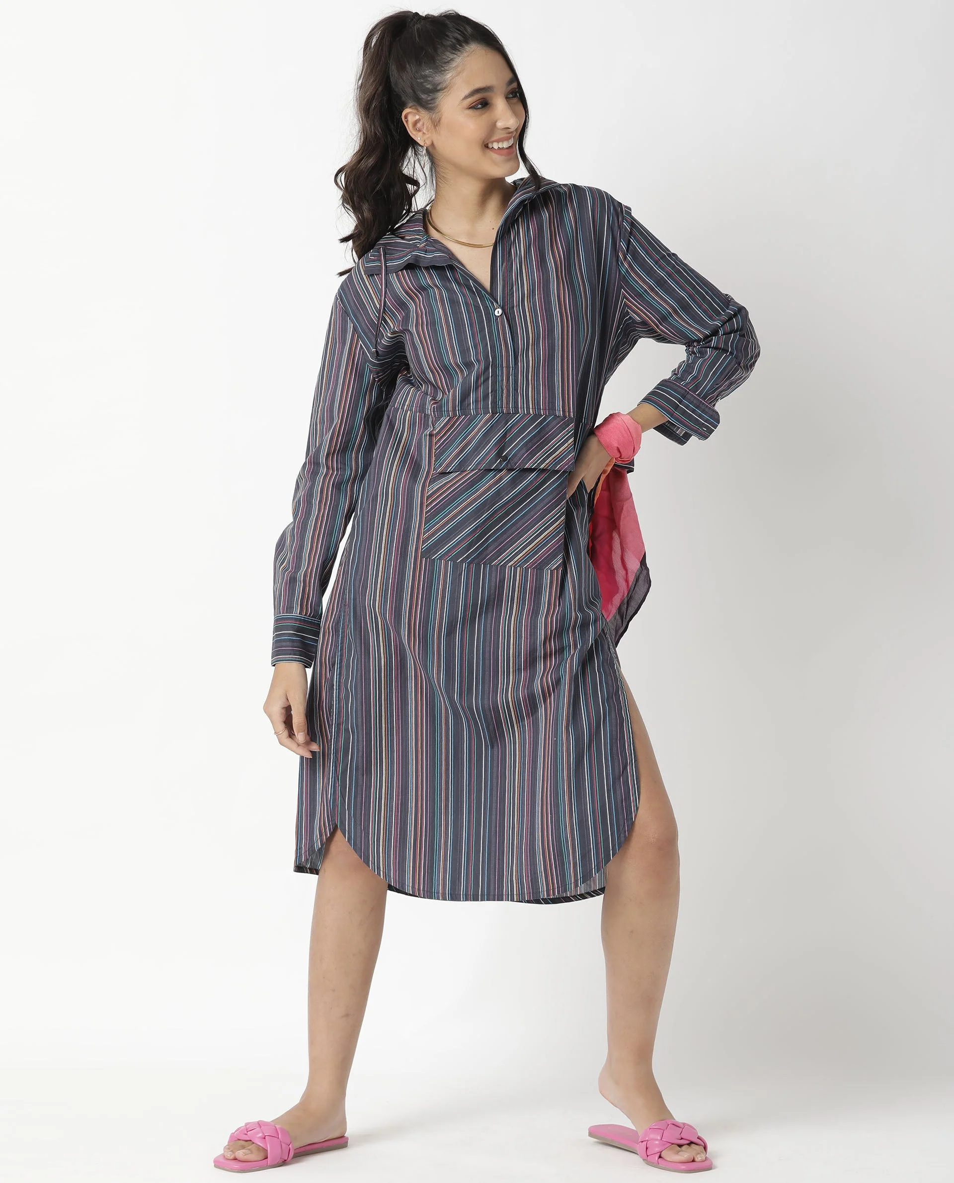 Rareism Women's Stipey Black Hooded Striped Knee Length Regular Fit Dress - Image 4