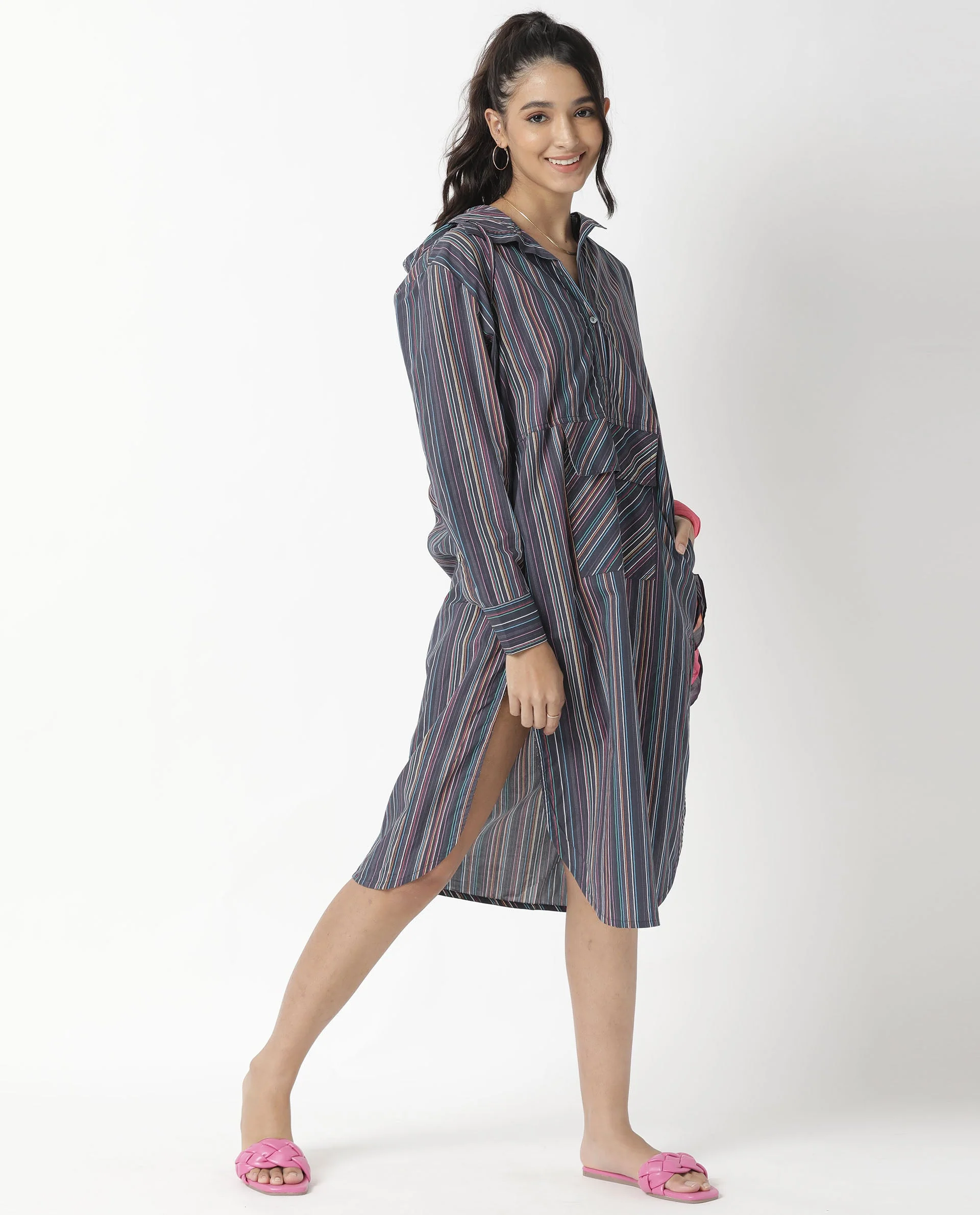 Rareism Women's Stipey Black Hooded Striped Knee Length Regular Fit Dress - Image 5