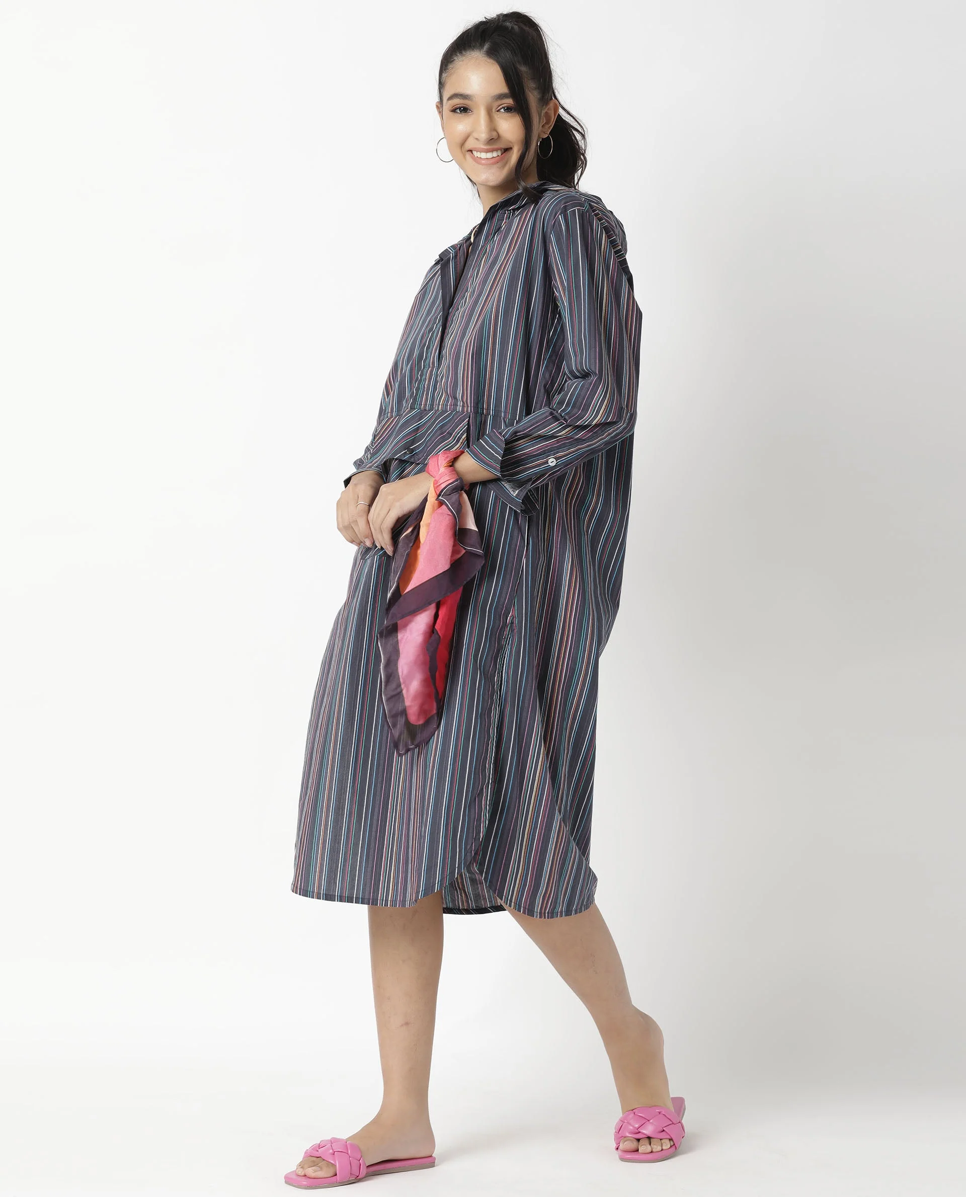 Rareism Women's Stipey Black Hooded Striped Knee Length Regular Fit Dress - Image 6