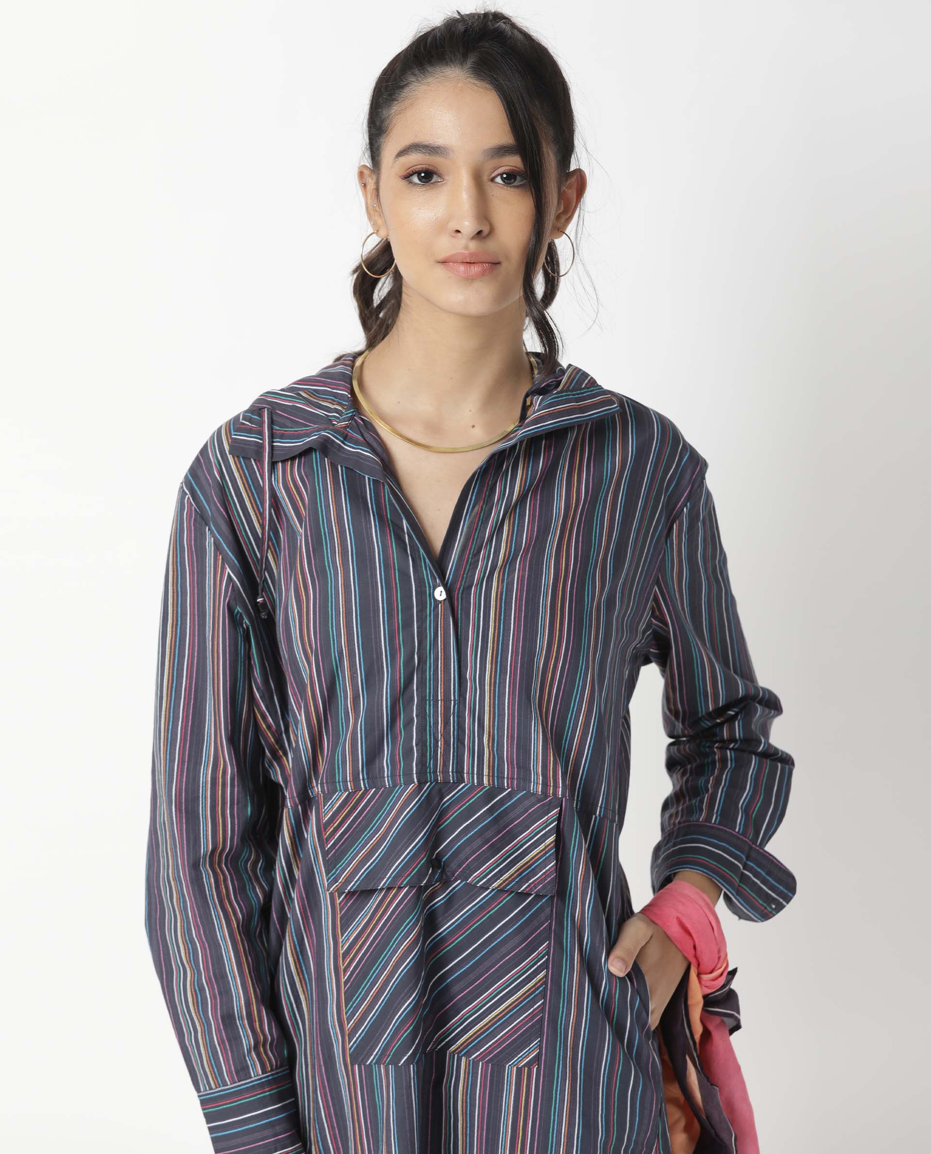 Rareism Women's Stipey Black Hooded Striped Knee Length Regular Fit Dress - Image 7