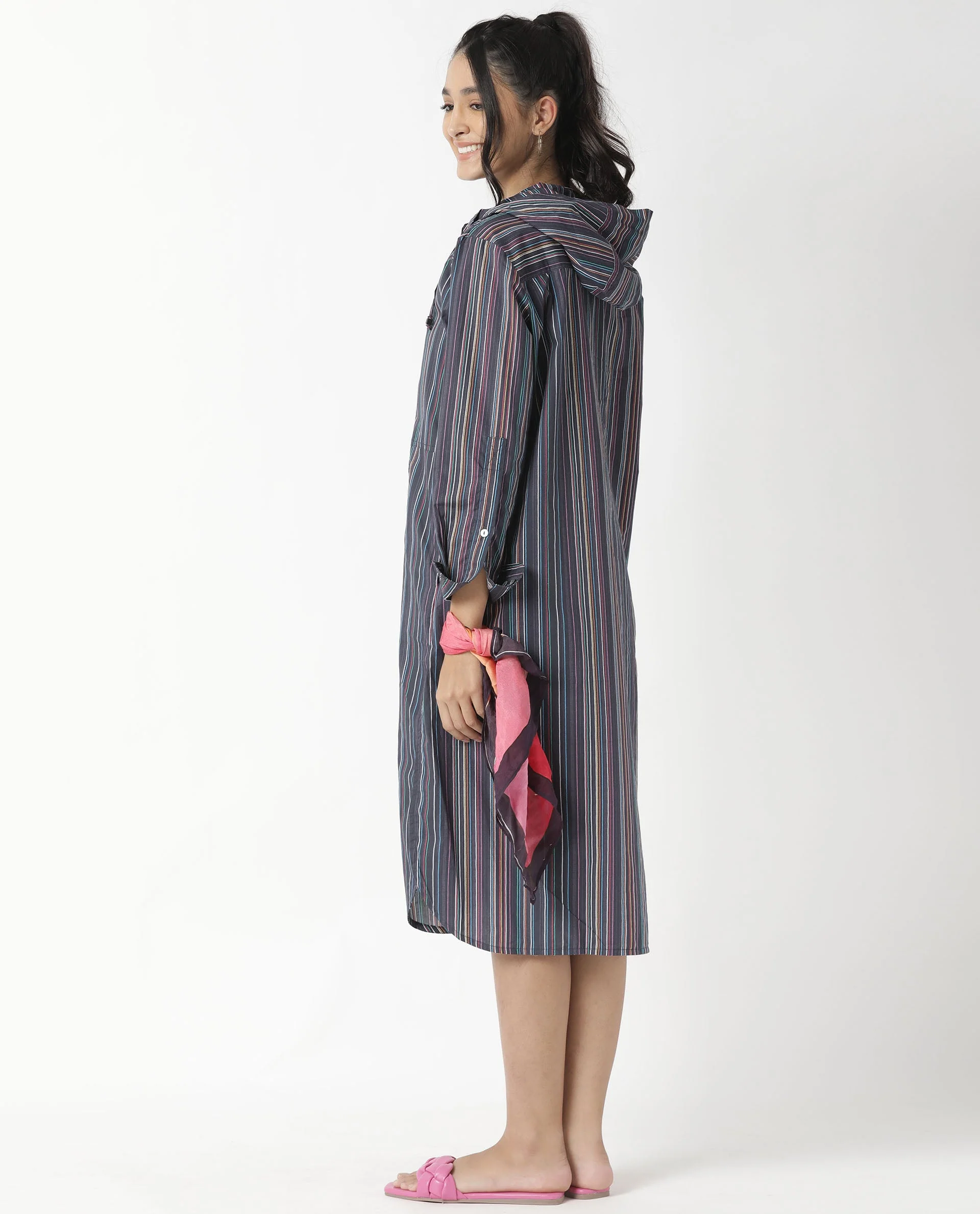 Rareism Women's Stipey Black Hooded Striped Knee Length Regular Fit Dress - Image 8