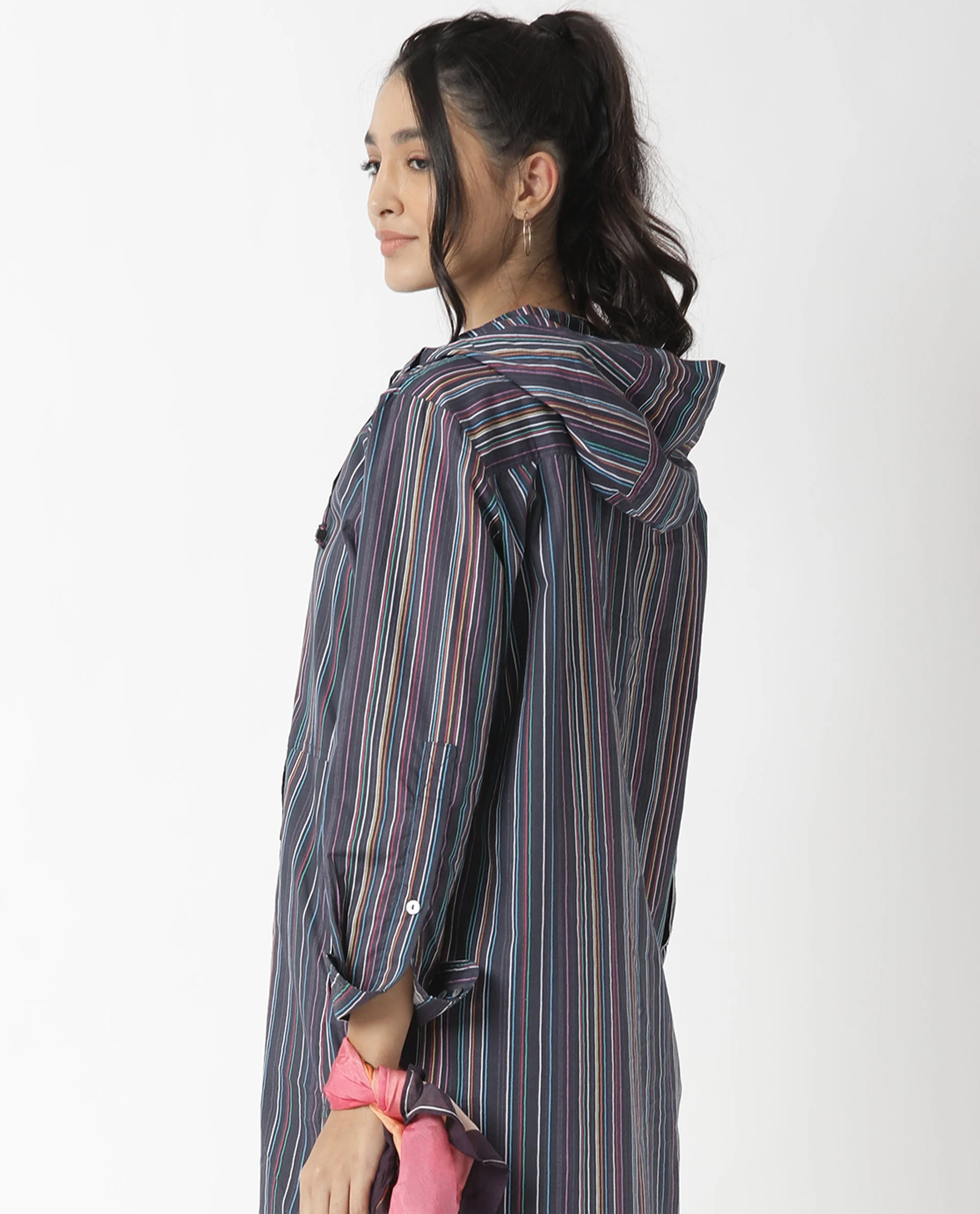 Rareism Women's Stipey Black Hooded Striped Knee Length Regular Fit Dress - Image 9