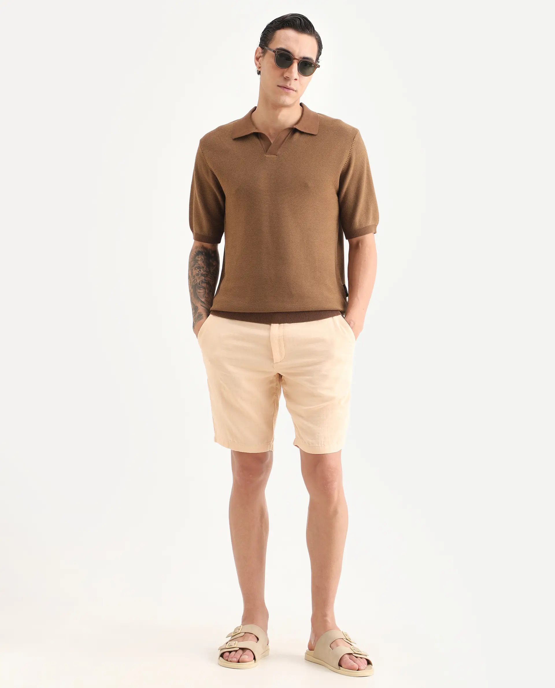Rare Rabbit Men's Stir Brown Cotton Fabric Half Sleeve Regular Fit Textured Polo - Image 2