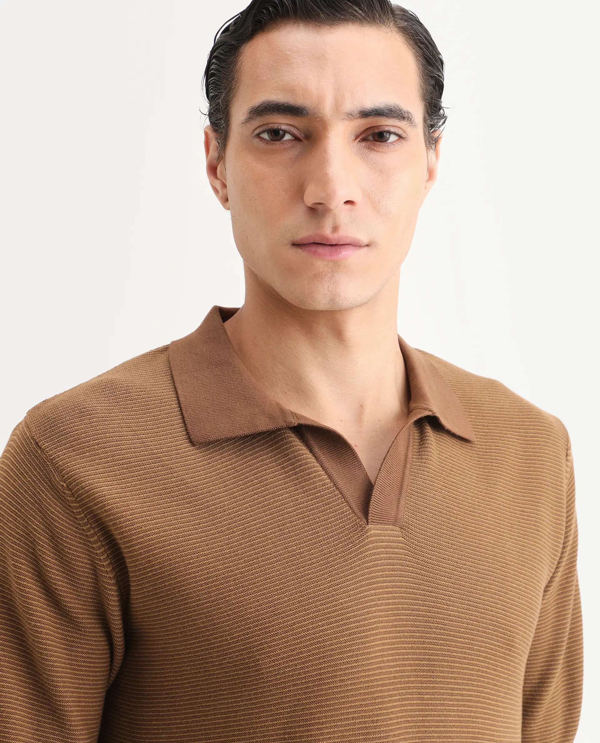 Rare Rabbit Men's Stir Brown Cotton Fabric Half Sleeve Regular Fit Textured Polo - Image 3