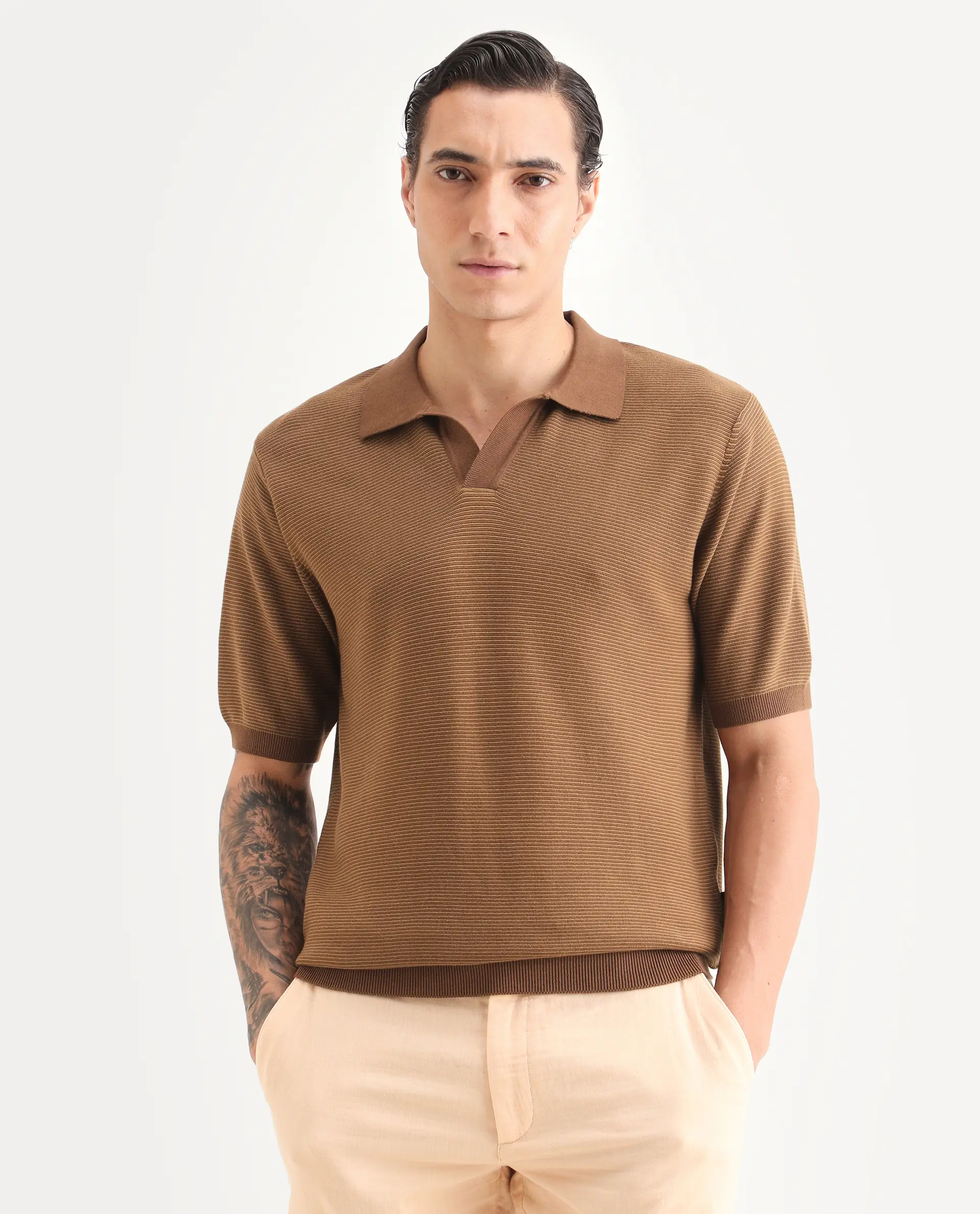 Rare Rabbit Men's Stir Brown Cotton Fabric Half Sleeve Regular Fit Textured Polo - Image 4