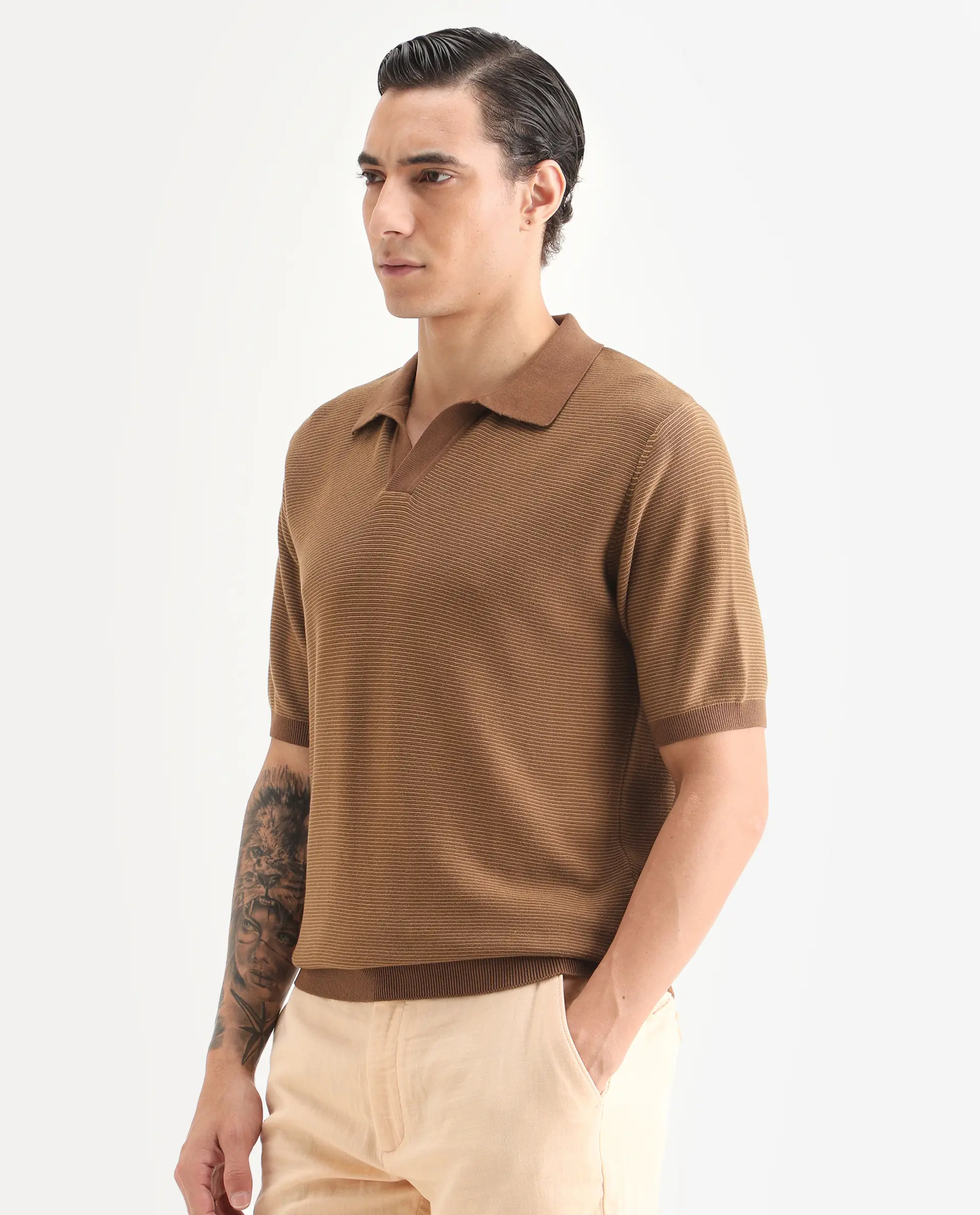 Rare Rabbit Men's Stir Brown Cotton Fabric Half Sleeve Regular Fit Textured Polo - Image 5