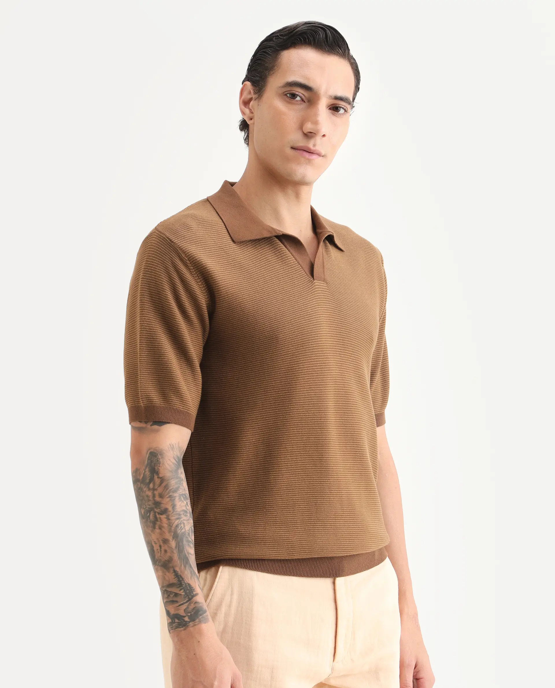 Rare Rabbit Men's Stir Brown Cotton Fabric Half Sleeve Regular Fit Textured Polo - Image 6