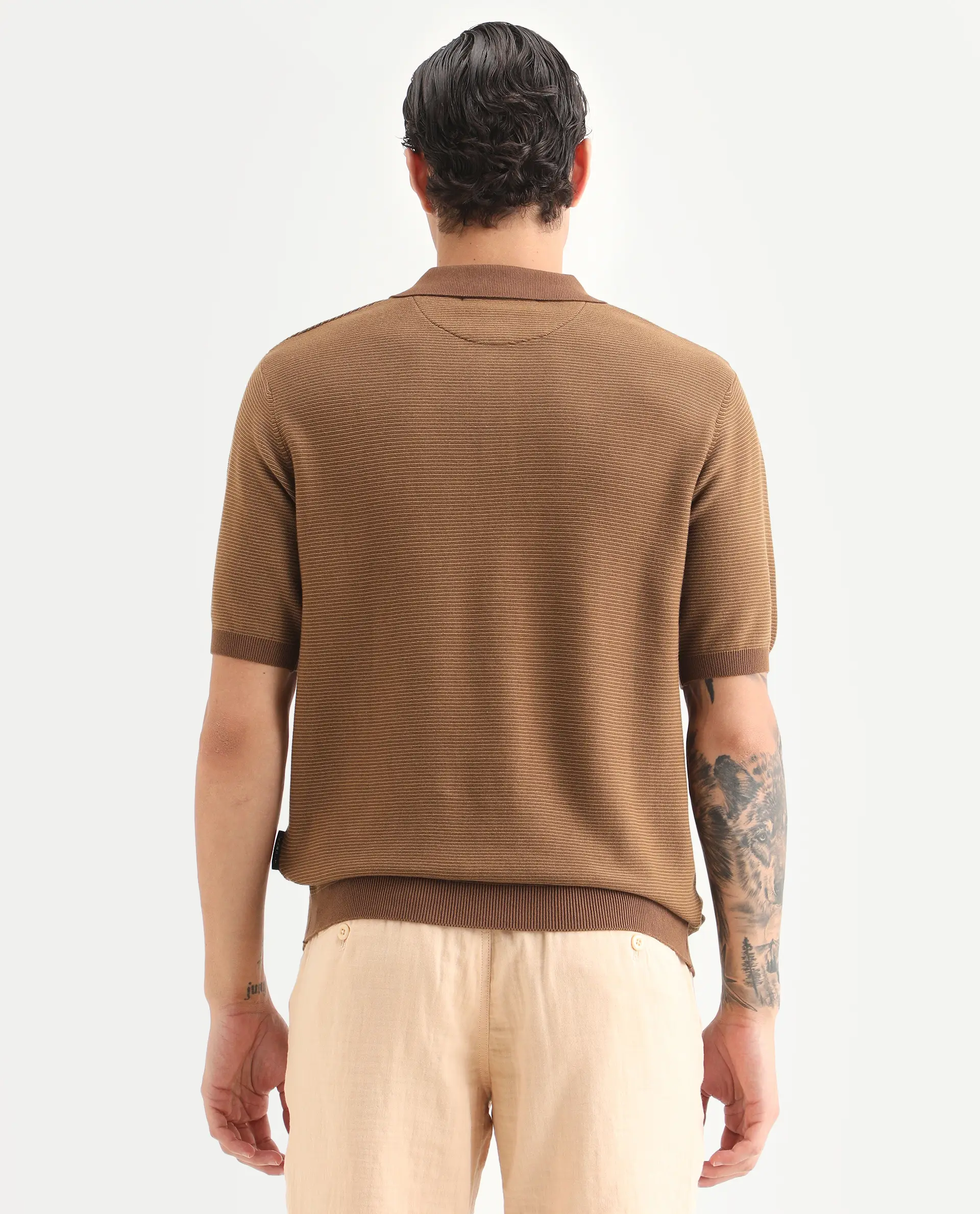 Rare Rabbit Men's Stir Brown Cotton Fabric Half Sleeve Regular Fit Textured Polo - Image 7