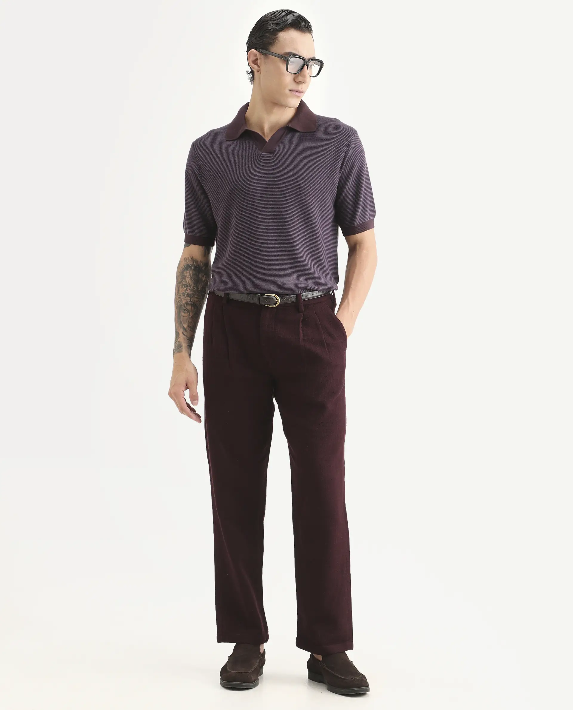 Rare Rabbit Men's Stir Dark Purple Cotton Fabric Half Sleeve Regular Fit Textured Polo - Image 2