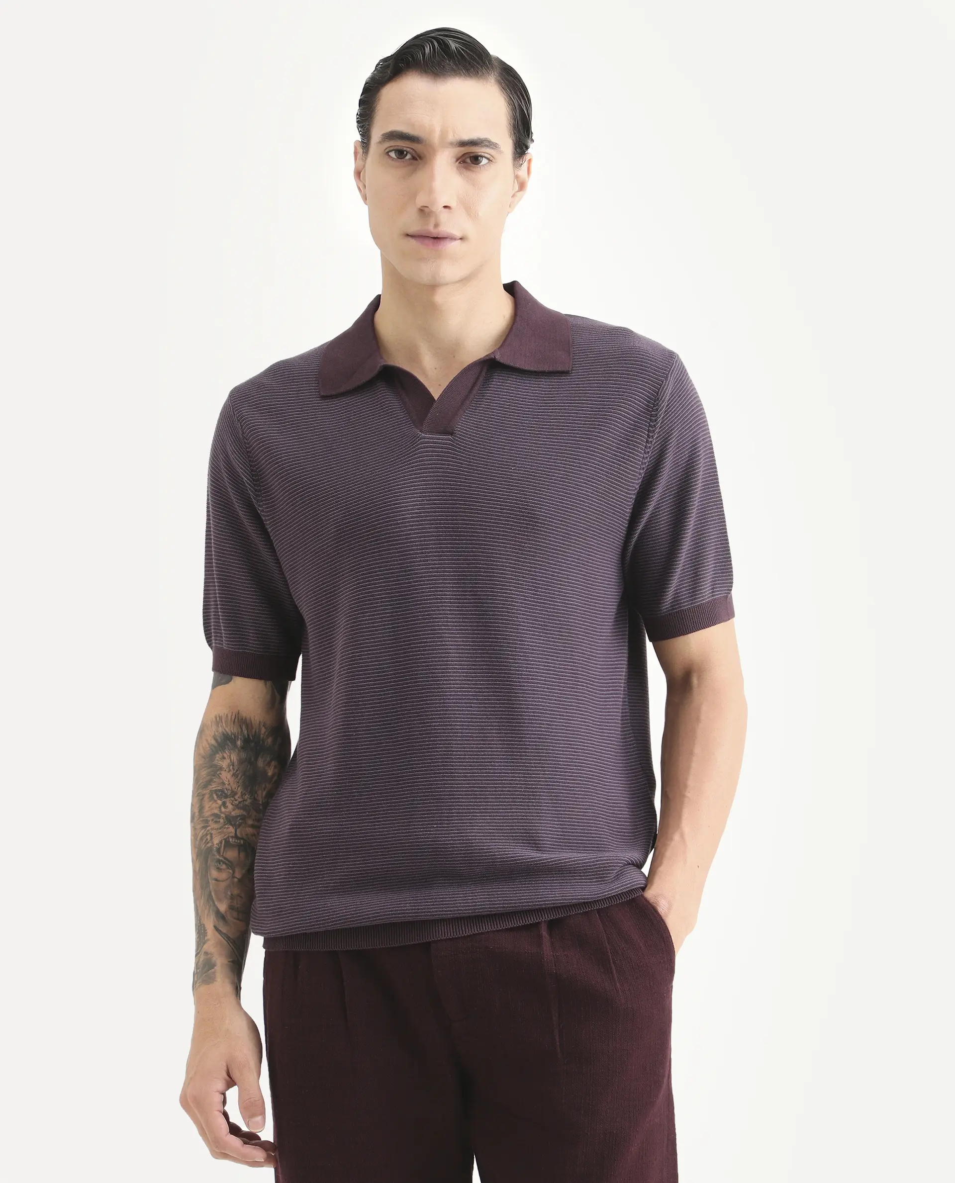 Rare Rabbit Men's Stir Dark Purple Cotton Fabric Half Sleeve Regular Fit Textured Polo - Image 4