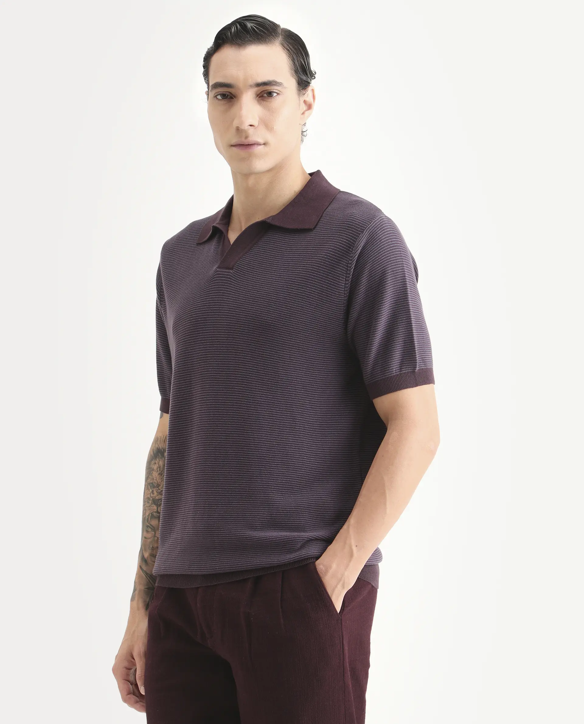 Rare Rabbit Men's Stir Dark Purple Cotton Fabric Half Sleeve Regular Fit Textured Polo - Image 5