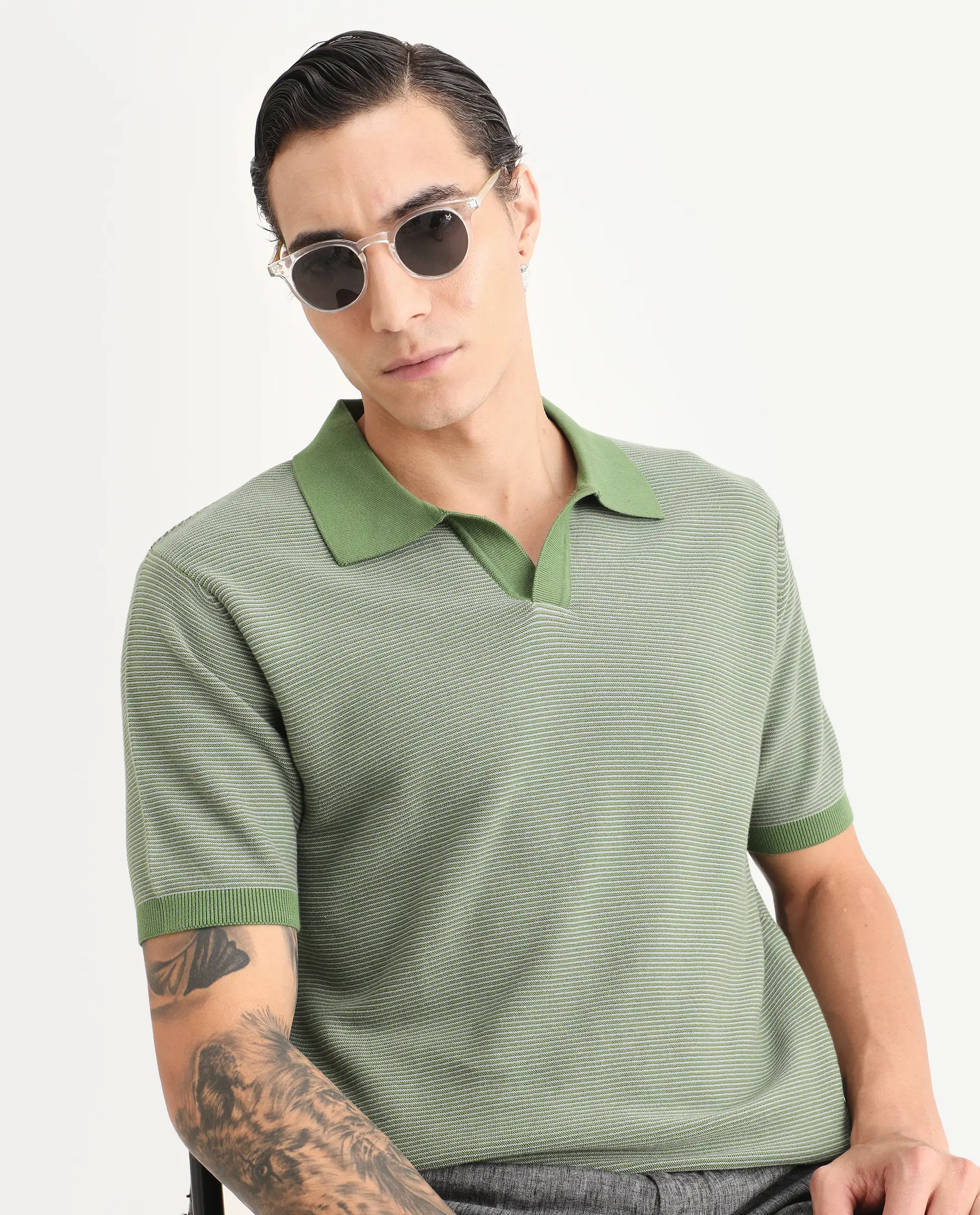Rare Rabbit Men's Stir Green Cotton Fabric Half Sleeve Regular Fit Textured Polo