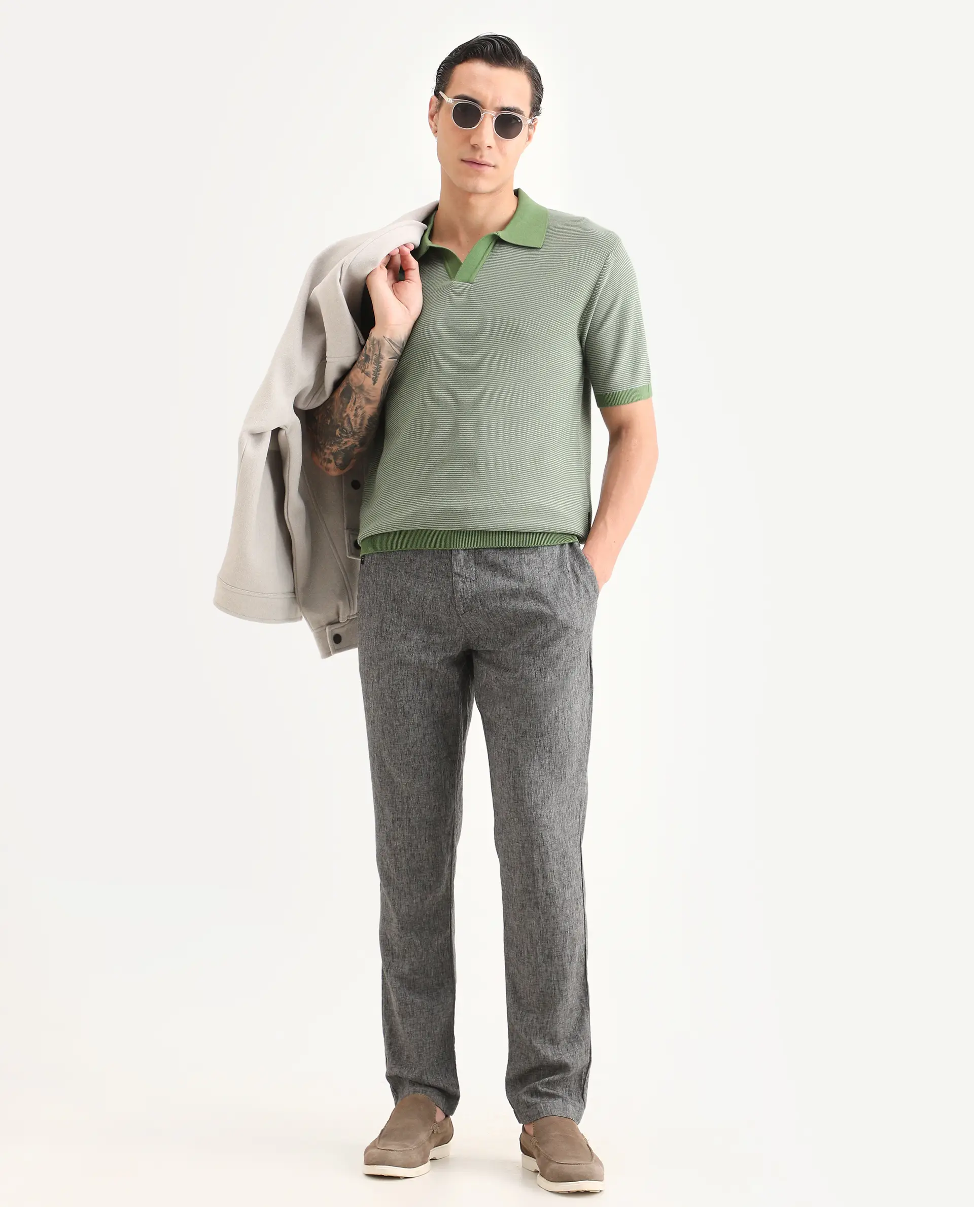 Rare Rabbit Men's Stir Green Cotton Fabric Half Sleeve Regular Fit Textured Polo - Image 2