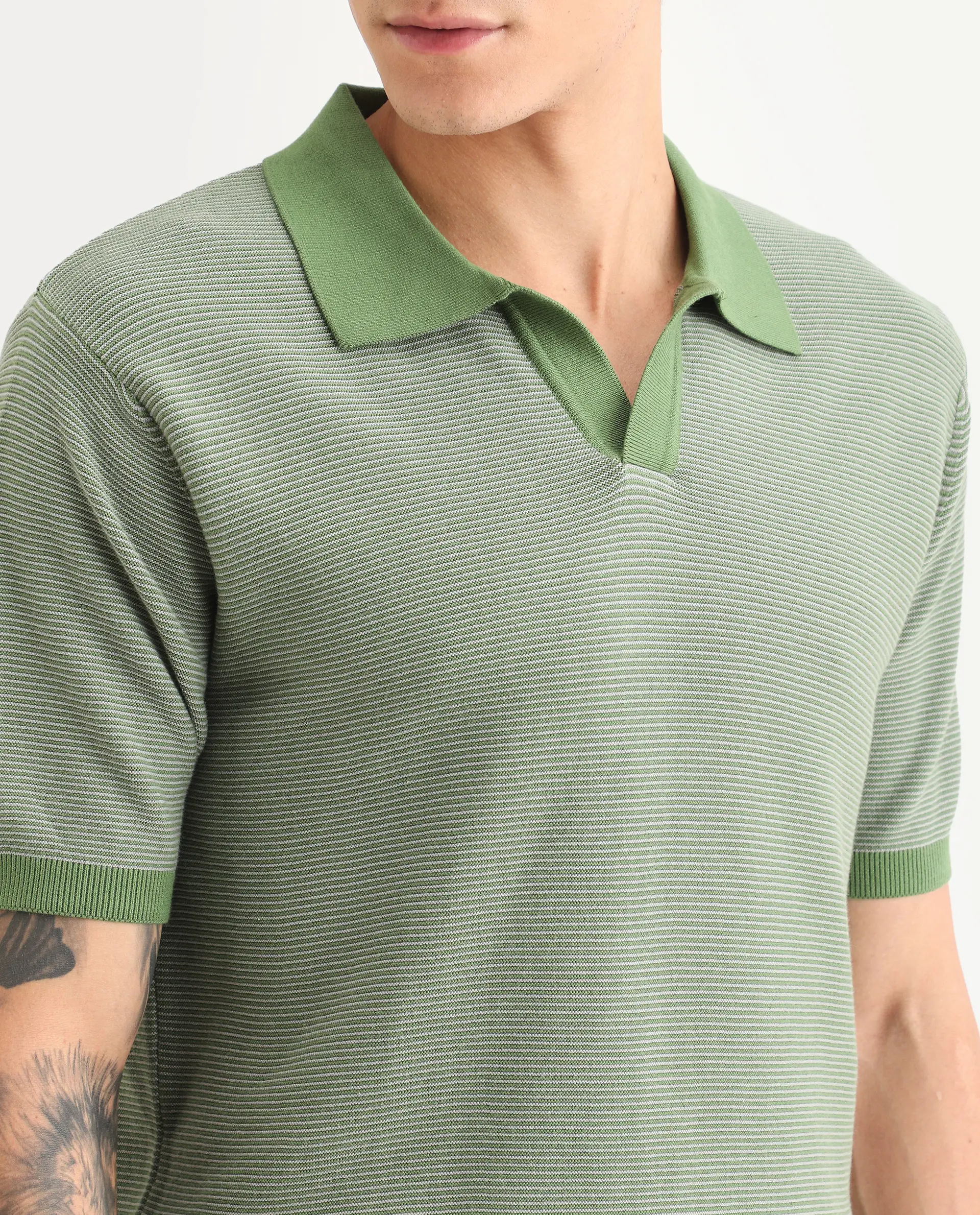 Rare Rabbit Men's Stir Green Cotton Fabric Half Sleeve Regular Fit Textured Polo - Image 3