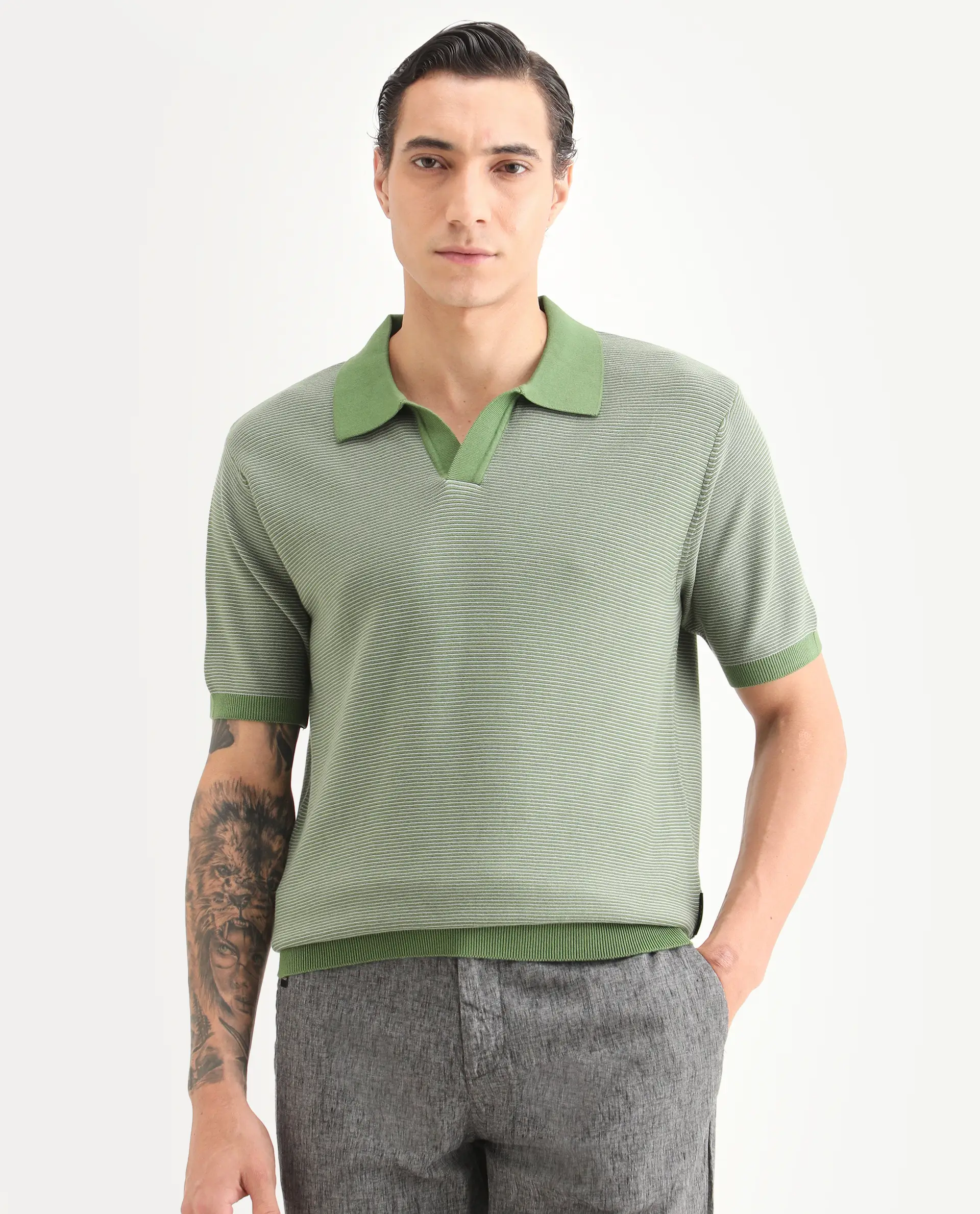 Rare Rabbit Men's Stir Green Cotton Fabric Half Sleeve Regular Fit Textured Polo - Image 4