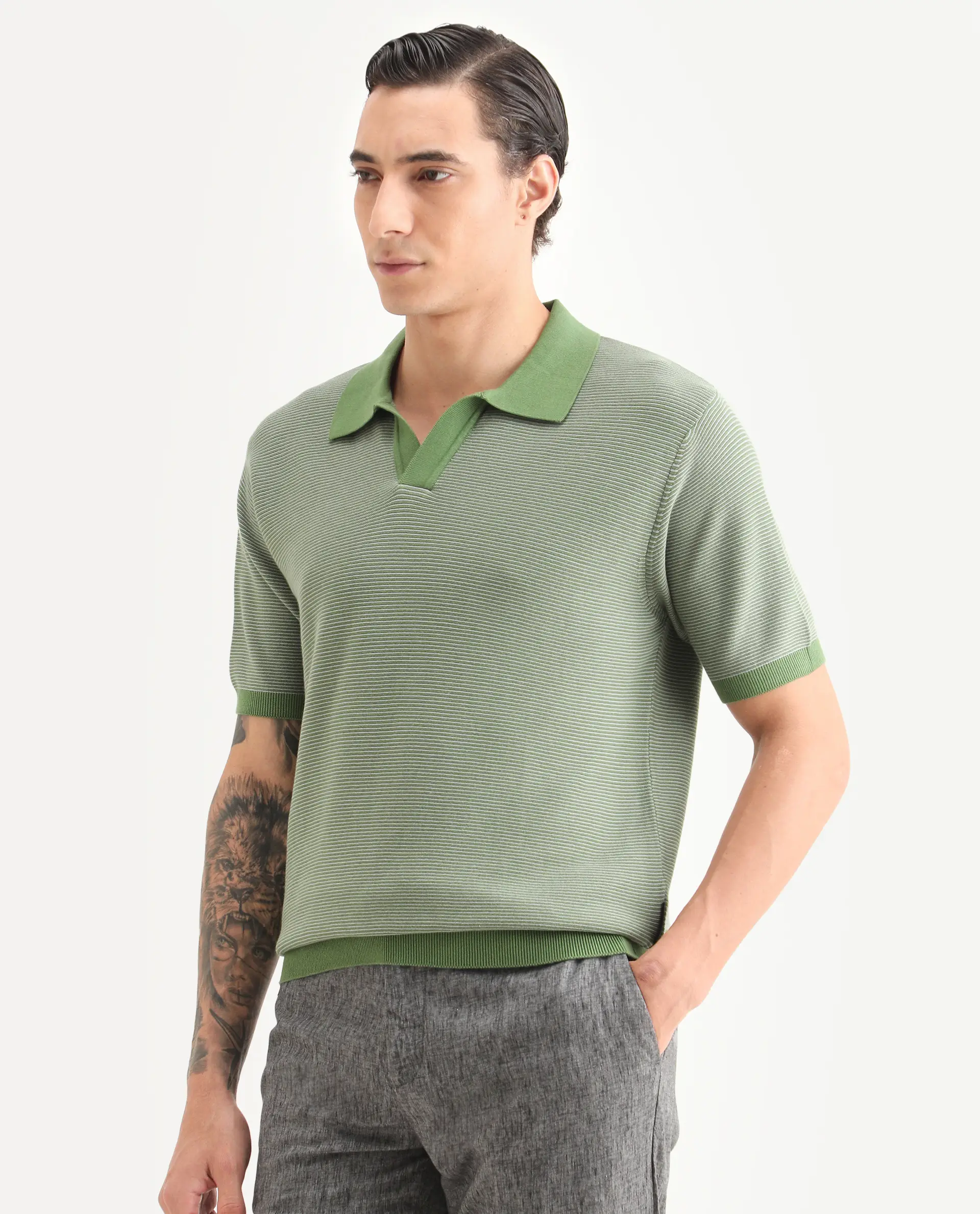 Rare Rabbit Men's Stir Green Cotton Fabric Half Sleeve Regular Fit Textured Polo - Image 5