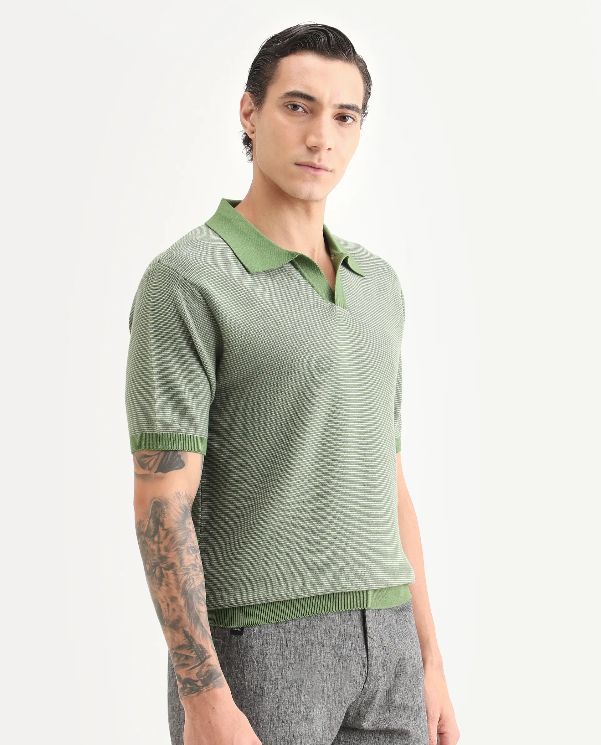 Rare Rabbit Men's Stir Green Cotton Fabric Half Sleeve Regular Fit Textured Polo - Image 6
