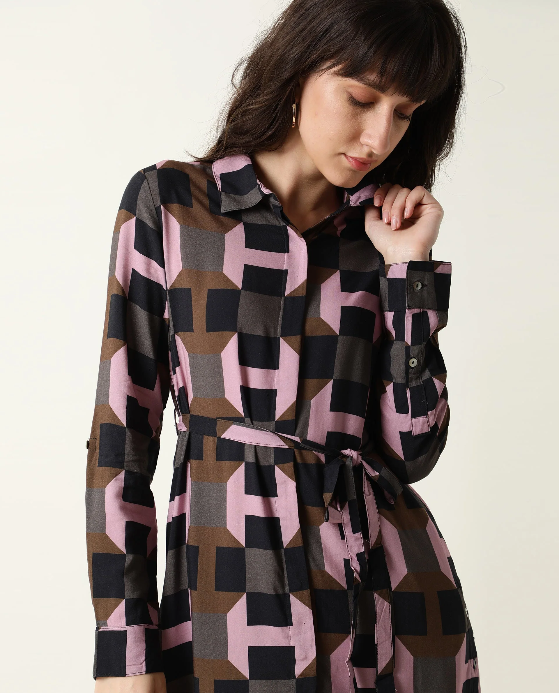 Rareism Women Stit Pink Dress Full Sleeves Printed