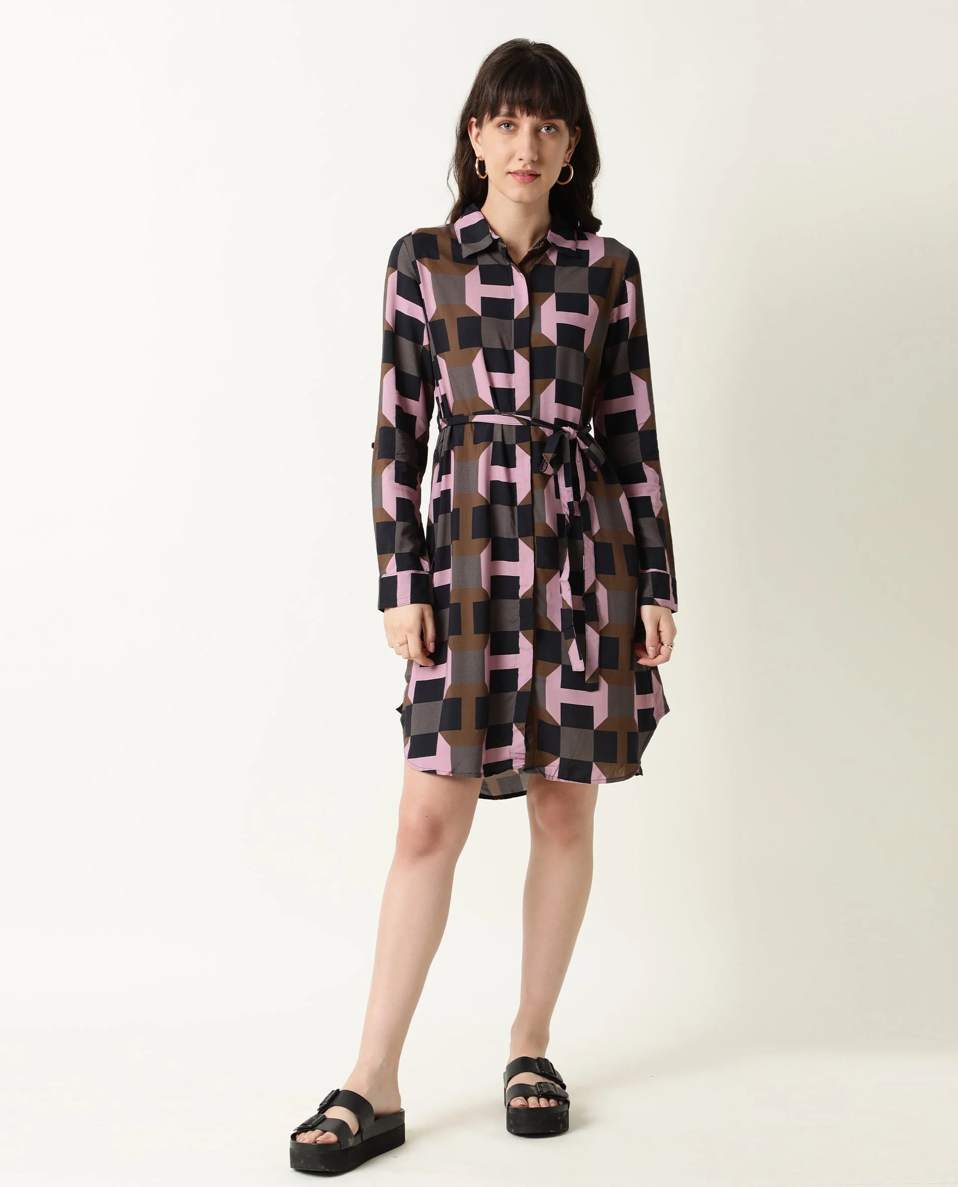 Rareism Women Stit Pink Dress Full Sleeves Printed - Image 2