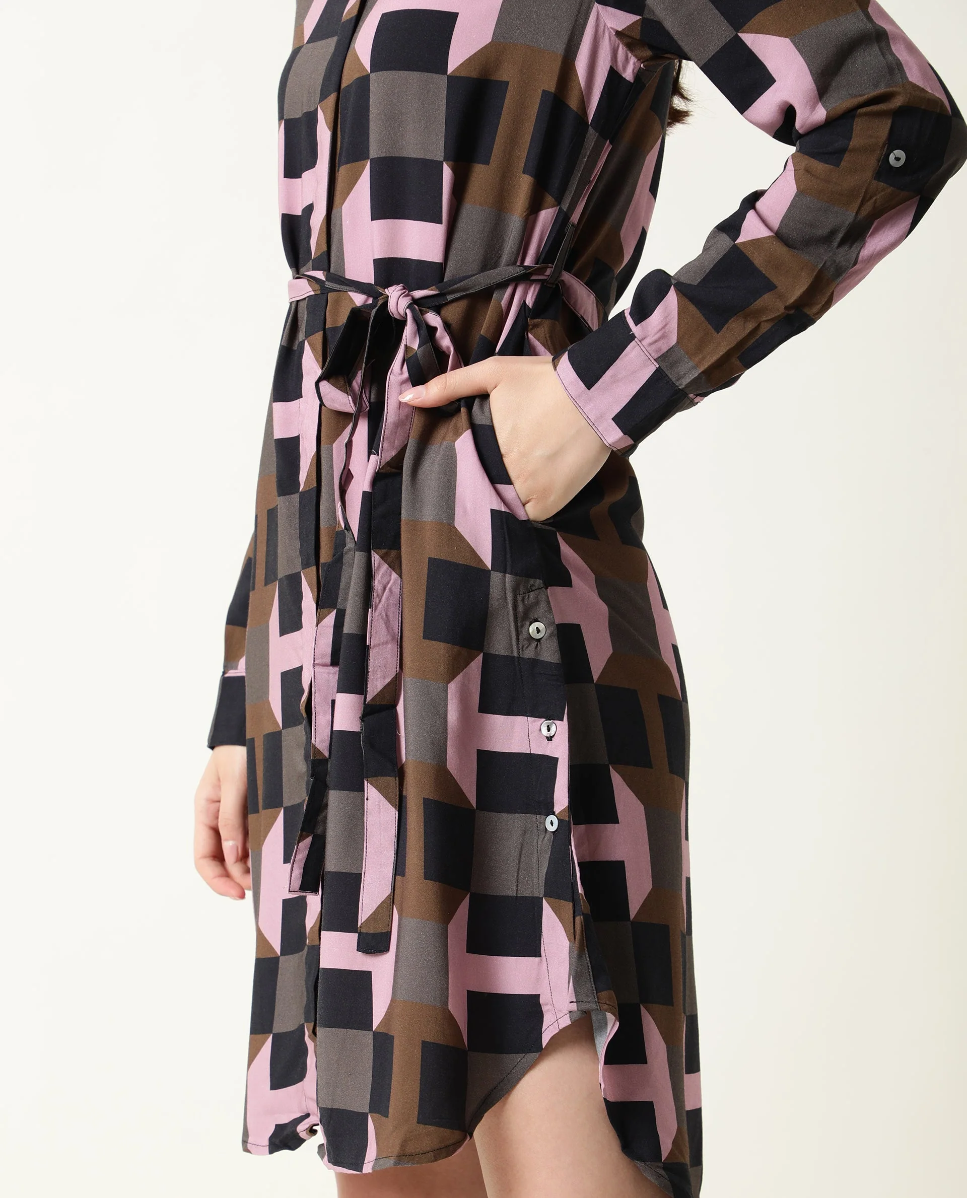 Rareism Women Stit Pink Dress Full Sleeves Printed - Image 7