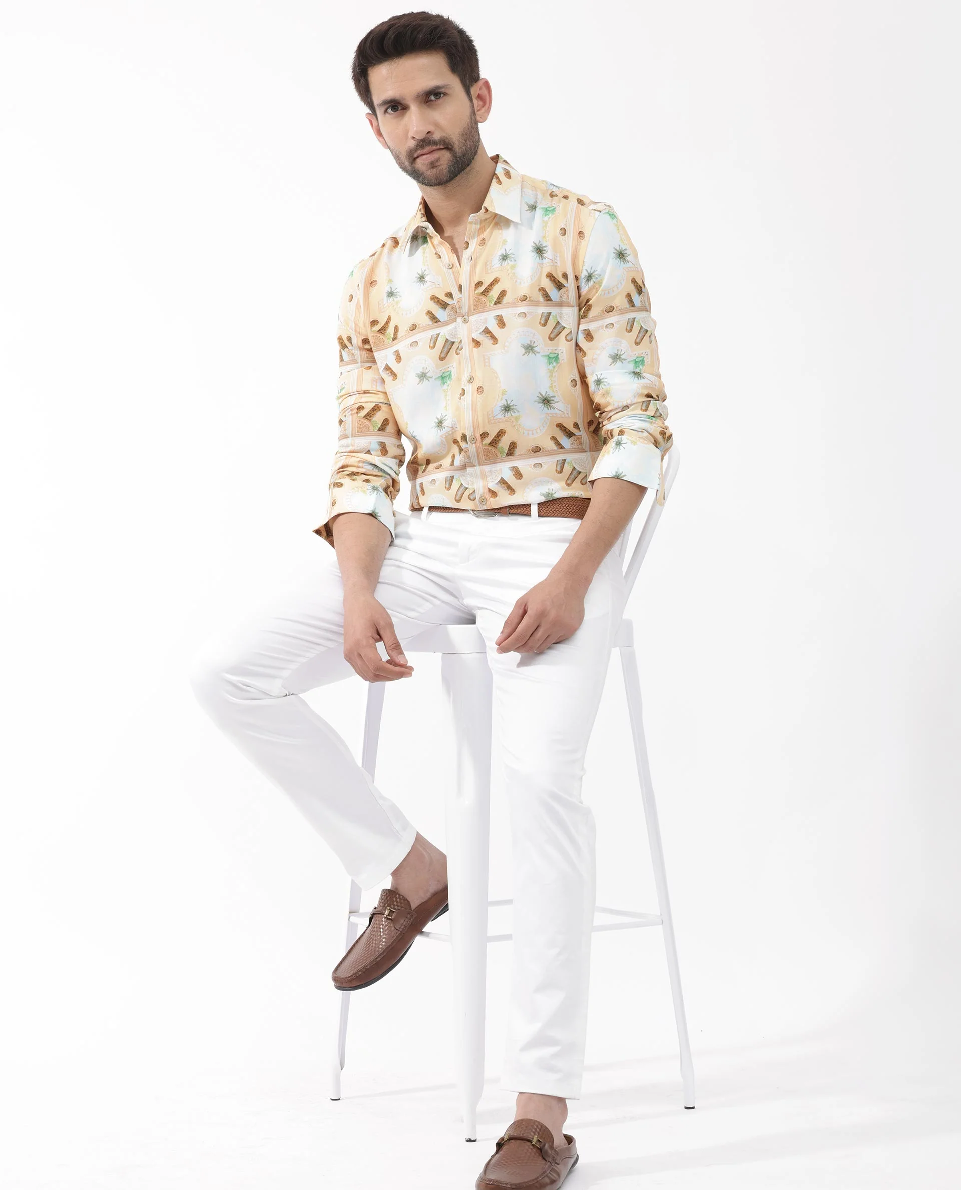 Rare Rabbit Men's Stivole Beige Viscose Tropical Print Regular Fit Full Sleeve Collared Shirt - Image 2