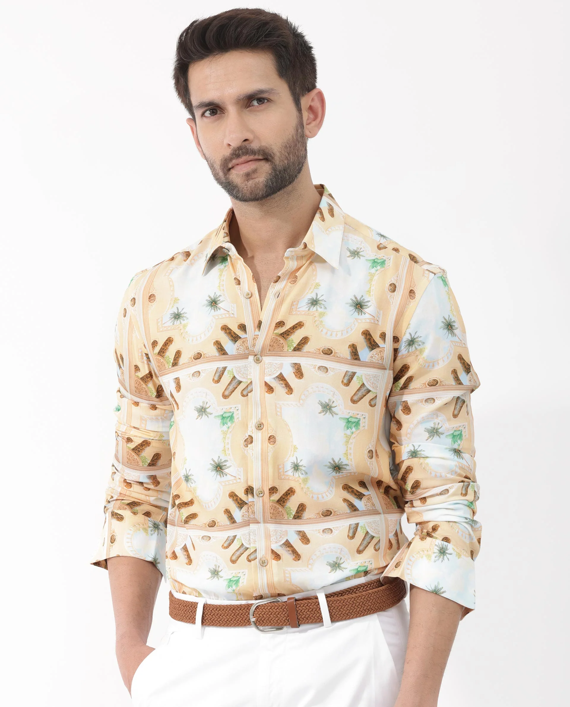 Rare Rabbit Men's Stivole Beige Viscose Tropical Print Regular Fit Full Sleeve Collared Shirt - Image 3