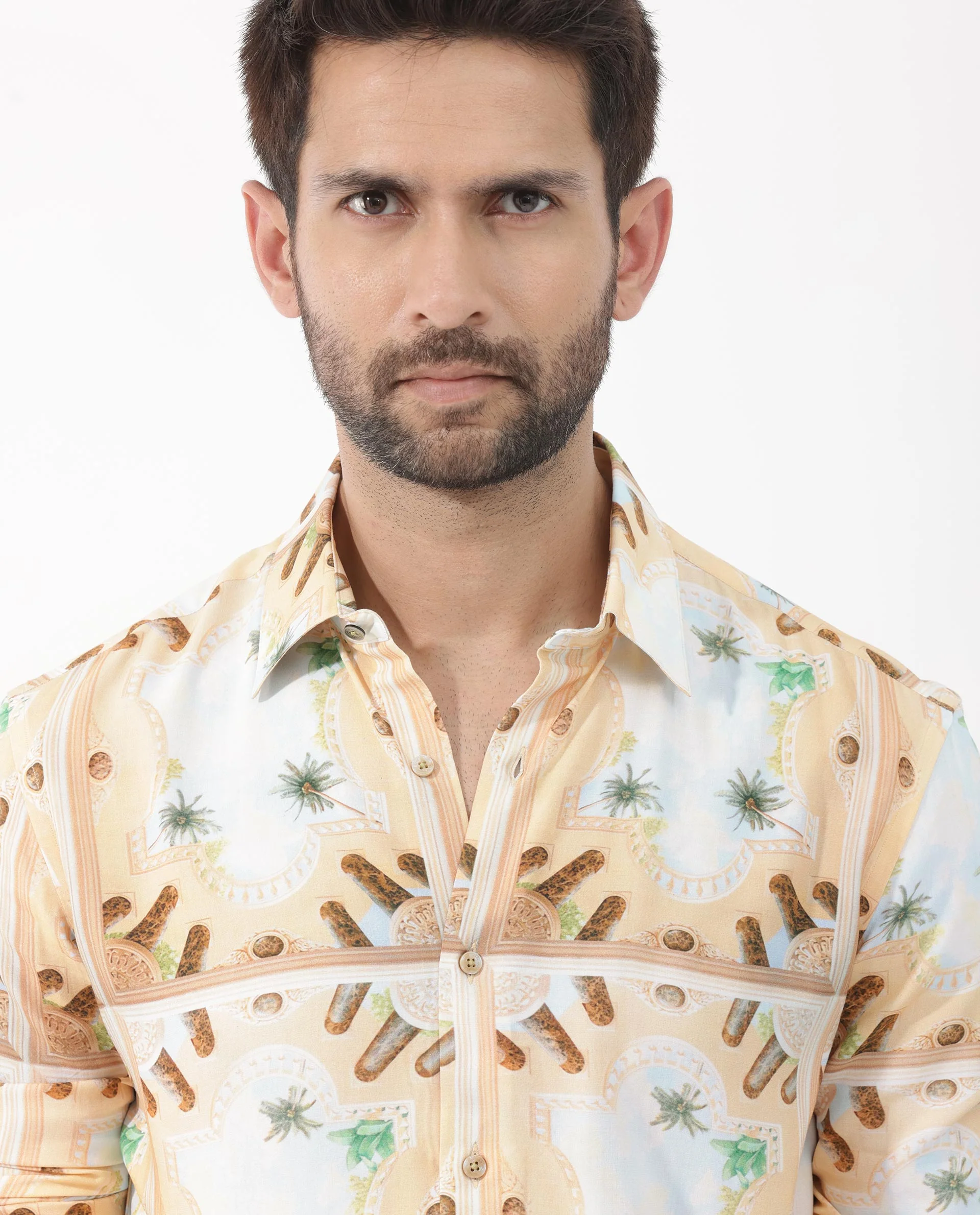 Rare Rabbit Men's Stivole Beige Viscose Tropical Print Regular Fit Full Sleeve Collared Shirt - Image 4
