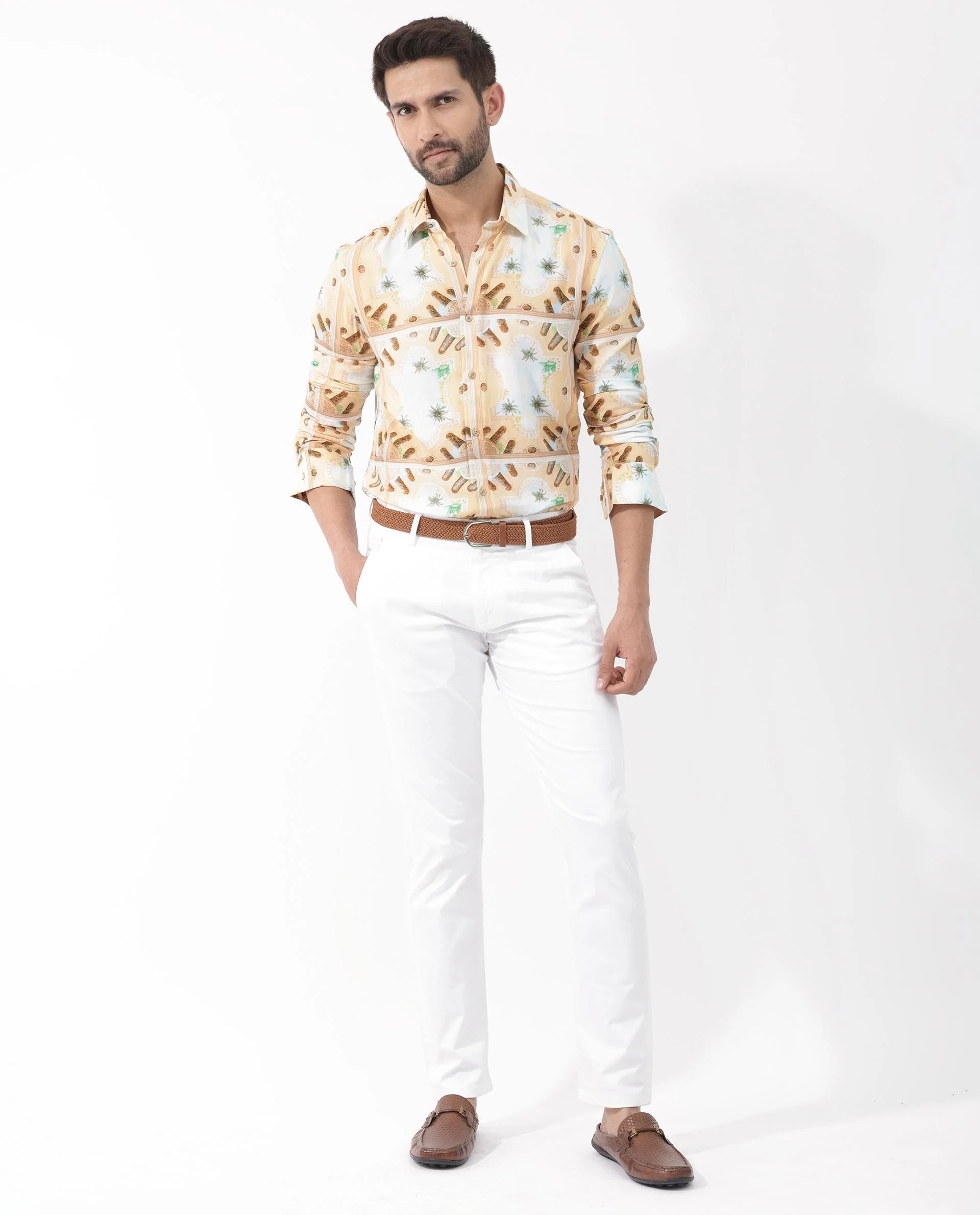Rare Rabbit Men's Stivole Beige Viscose Tropical Print Regular Fit Full Sleeve Collared Shirt - Image 6